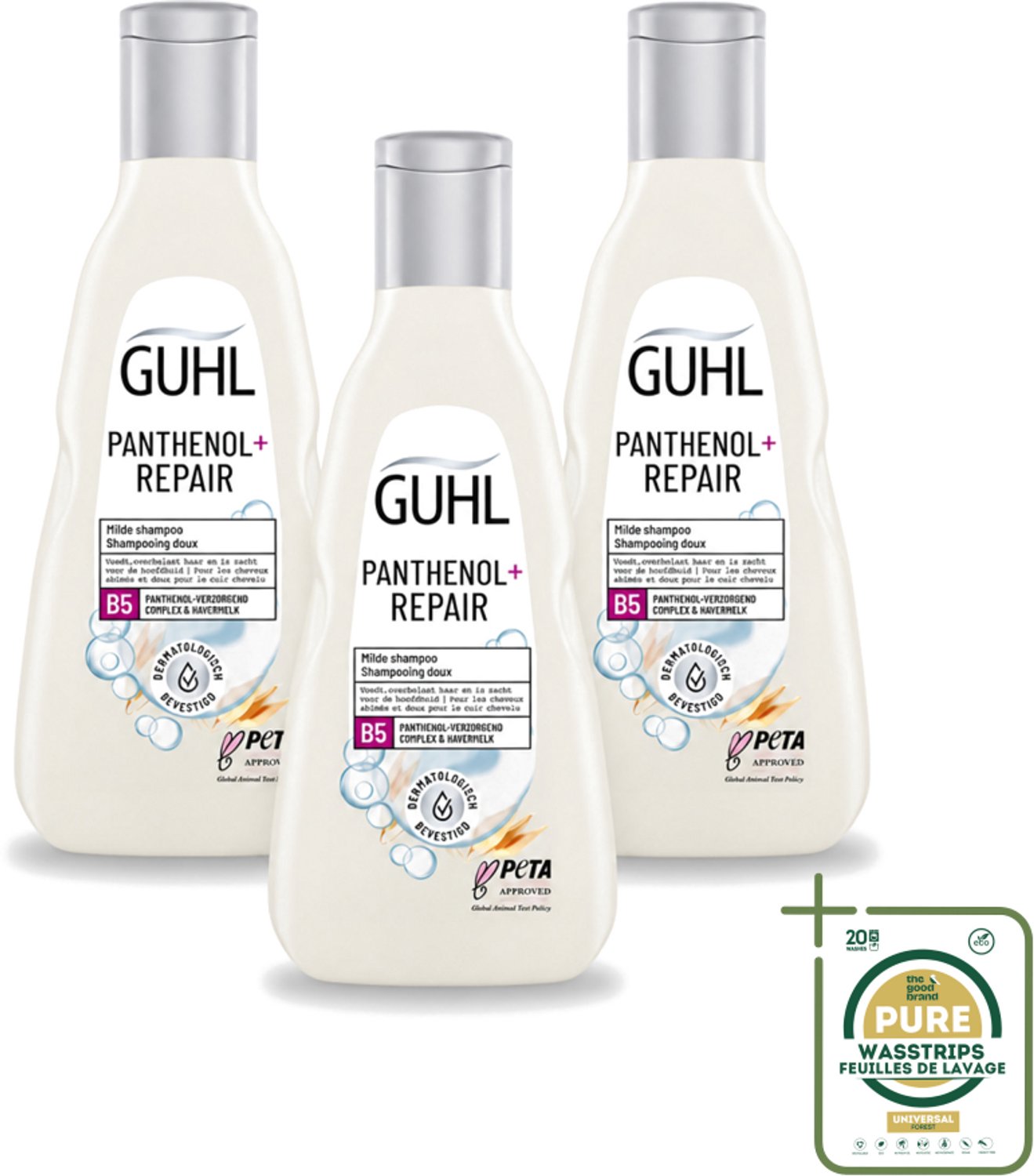3 x Guhl – Shampoo – Panthenol+ Repair – 250 ml - Wasstrips - Panthenol Shampoo - Herstellend Shampoo - Hydraterend Haar - Droog Haar Shampoo - Haar Herstel