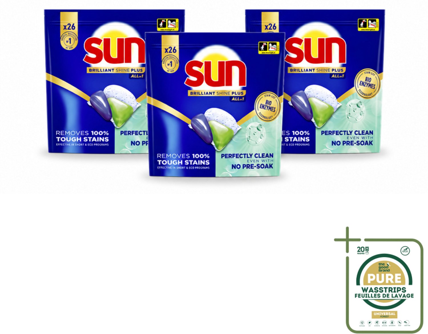 3 x Sun – Vaatwascapsules – Brilliant Shine+ All-in-1 - 26 capsules - Wasstrips - Vaatwasmiddel - Vaatwascapsules - Schone Vaat - Vlekken Verwijderen - Vaatwasmiddel Voor Korte Programma's