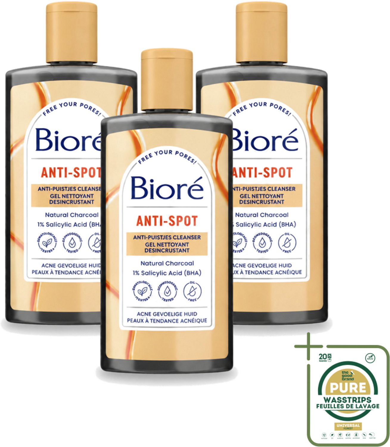 3 x Bioré – Houtskool Anti-Puistjes Reinigingsgel – Gezichtsreiniger – 200 ml - Wasstrips - Huid Reinigen - Puistjes Voorkomen - Vet Huid Reinigen - Salicylzuur - Houtskool