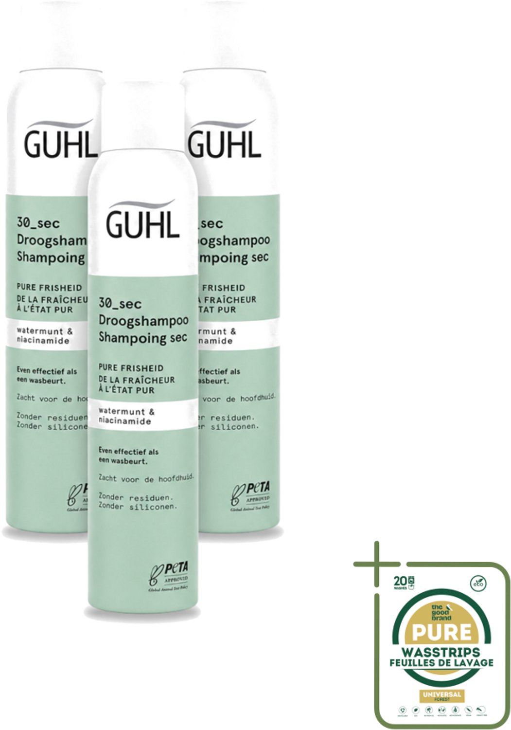 3 x Guhl – Droogshampoo – Pure Frisheid 30 sec – 200 ml - Wasstrips - Droogshampoo - Fris Haar - Schoon Haar - Watermunt - Niacinamide