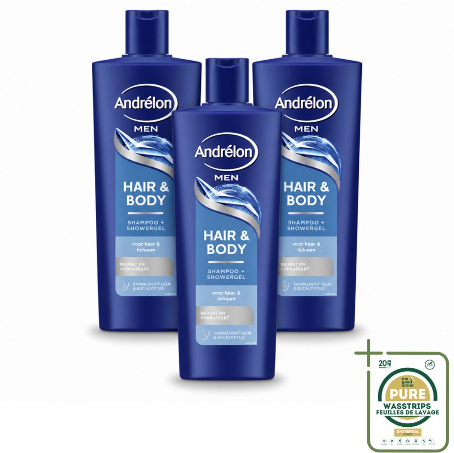 3 x Andrélon – Shampoo – Hair & Body Men – 400 ml - Wasstrips - 2-in-1 Shampoo En Showergel - Haar En Huid Reinigen - Eucalyptus - Sandelhout - Mannelijke Geur