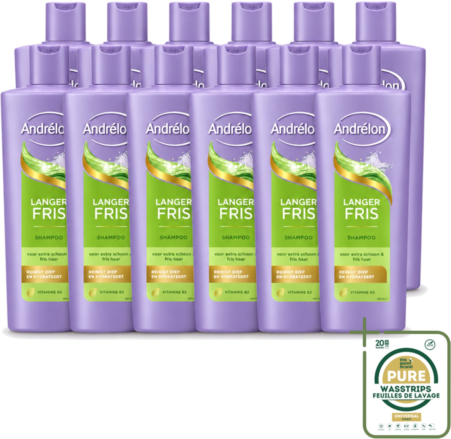 12 x Andrélon – Shampoo – Langer Fris – 400 ml - Wasstrips - Haar Reinigen - Fris Haar - Luchtig Haar - Vitamine B3 - Vet Haar