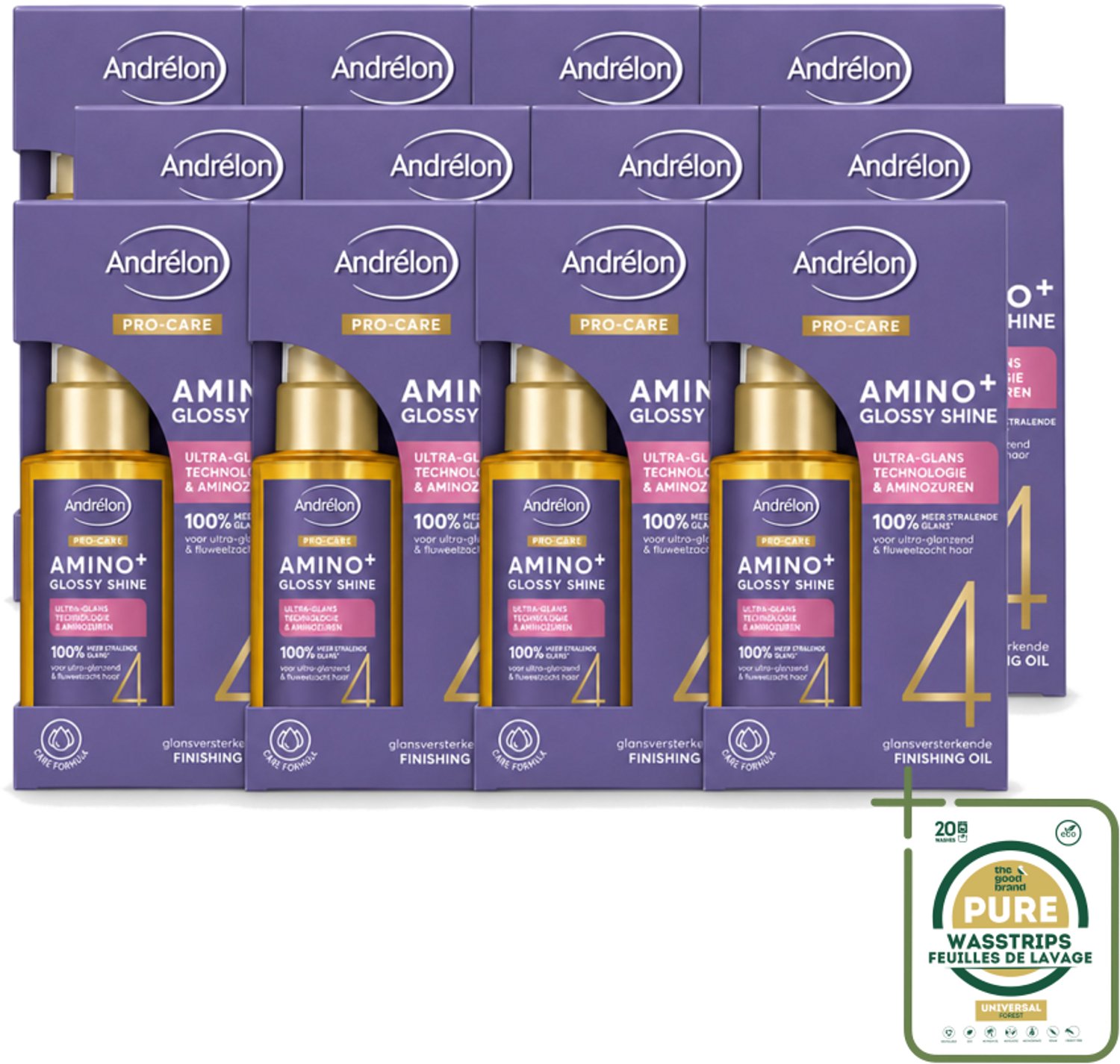 12 x Andrélon – Finishing Oil – Pro Care Amino+ Glossy Shine – 50 ml - Wasstrips - Haarverzorging - Haaroppervlak - Glans - Haarpunten - Pluiscontrole