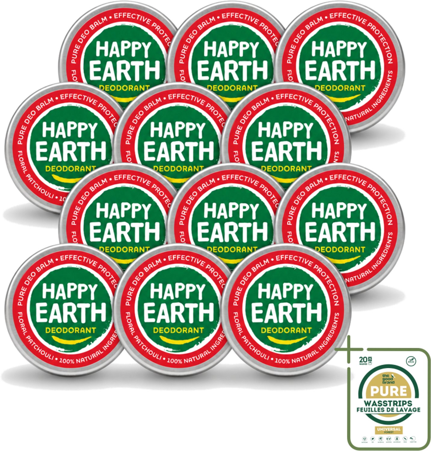 12 x Happy Earth – Deodorant Balm – 100% Natuurlijk Floral Patchouli – 45 g - Wasstrips - 100% Natuurlijke Deodorant - Bloemige Geur - Patchouli - Huidvriendelijk - Anti-geur