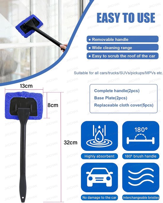 2 stuks 180° draaibare kop microvezel auto-reinigingsgereedschap | 2 lange handgrepen en 5 herbruikbare doeken | voor autoruiten, doucheglas en huishoudelijke raamreiniger | Nat en droog — afbeelding 5