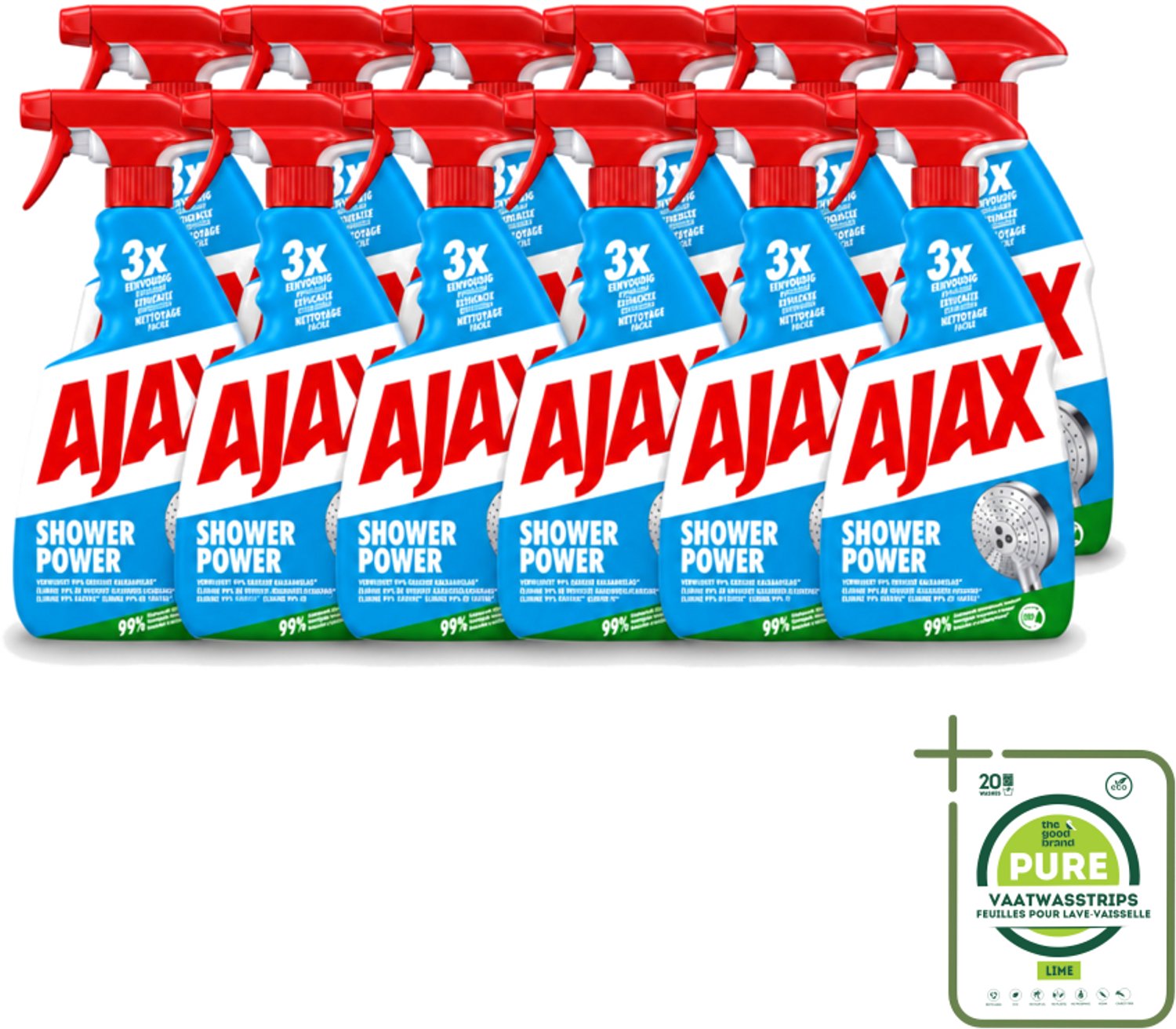 12 x Ajax – Spray – Shower Power – 750 ml - Grootverpakking - Vaatwasstrips - Badkamer Reinigen - Kalkaanslag Verwijderen - Zeepresten Verwijderen - Douche Reinigen - Badkamer Schoon Houden