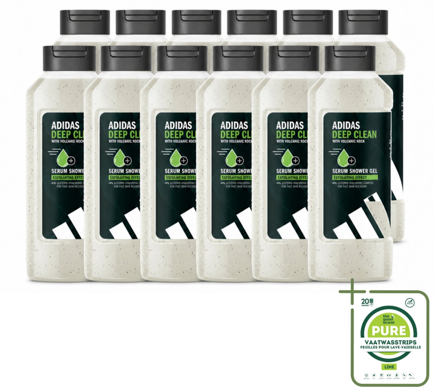 12 x Adidas – Douchegel – Active Skin & Mind Deep Clean – 400 ml - Grootverpakking - Vaatwasstrips - Douchegel - Reinigen Na Training - Exfoliëren - Huid Reinigen - Vulkanische Steen