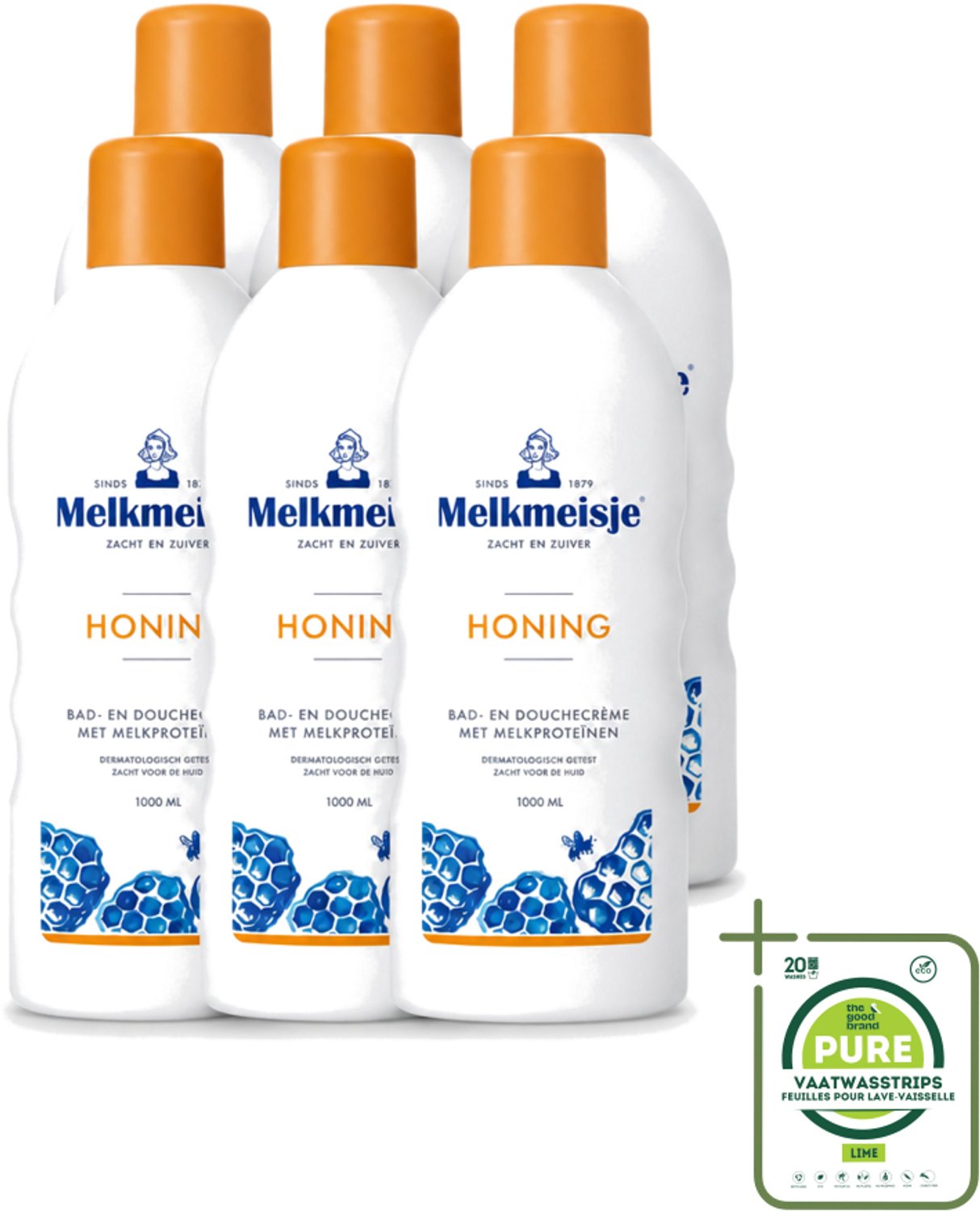 6 x Melkmeisje – Bad & Douche – Honing – 1000 ml - Grootverpakking - Vaatwasstrips - Bad En Douche Crème - Honing Crème - Natuurlijke Honing - Voedende Crème - Gezonde Huid