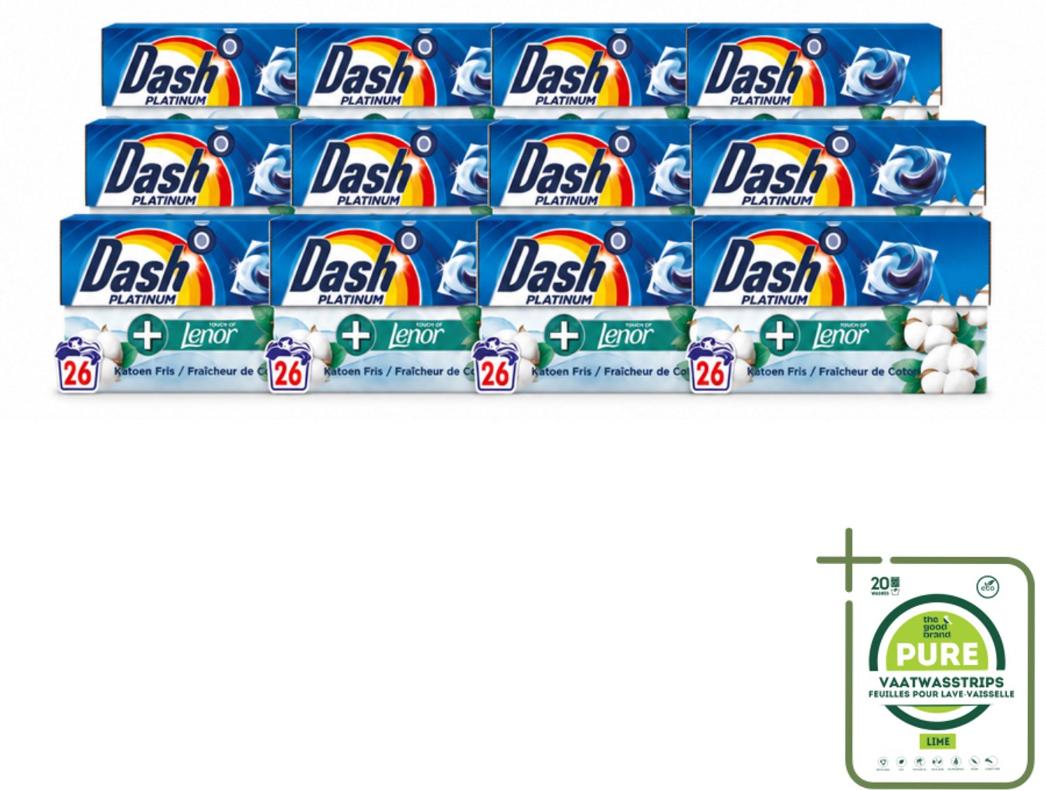 12 x Dash – Wasmiddelcapsules – 4in1 Pods Katoen Fris – 26 capsules - Grootverpakking - Vaatwasstrips - Wasmiddel - Wascapsules - Katoengeur - Reiniging - Vlekverwijdering