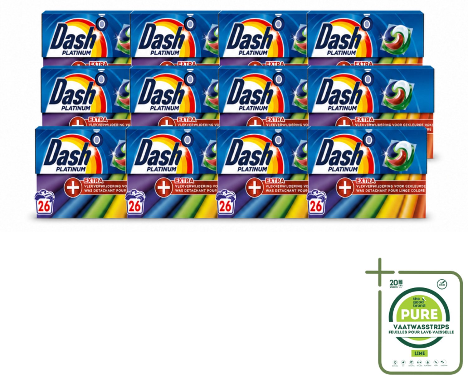 12 x Dash – Wasmiddelcapsules – 4in1 Pods + Extra Vlekverwijdering Color – 26 capsules - Grootverpakking - Vaatwasstrips - Kleurbehoud - Vlekverwijdering - Ingedroogde Vlekken - Wasproduct - Gekleurde Was