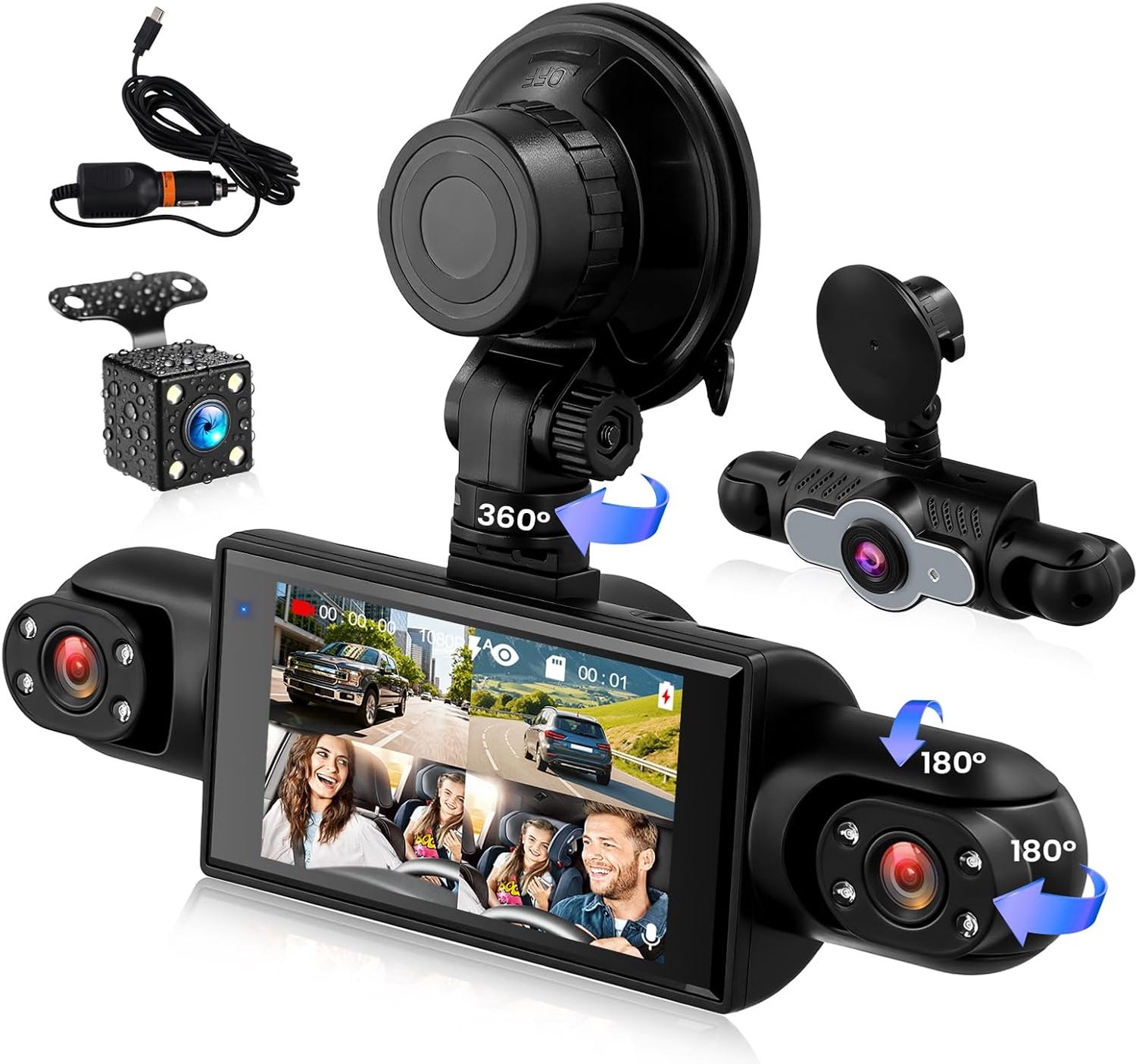 360° dashcam voor en achter 4-kanaals boordcamera, nachtzicht, lusopname, 24-uurs parkeerbewaking, parkeerhulp inbegrepen