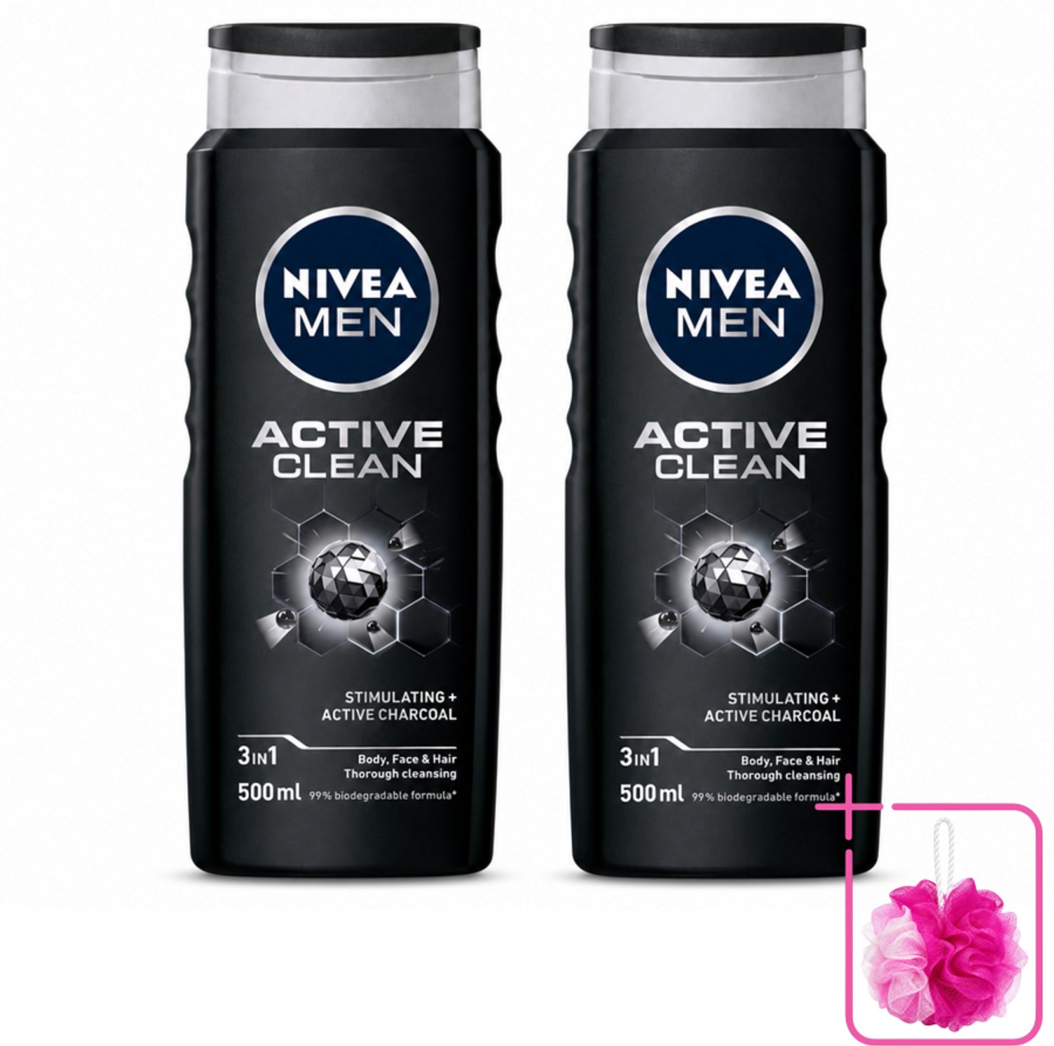 2 x NIVEA MEN - Douchegel - Active Clean - 500 ml - Bulkverpakking - Douchegel mannen - Douchemop - Actief houtskool