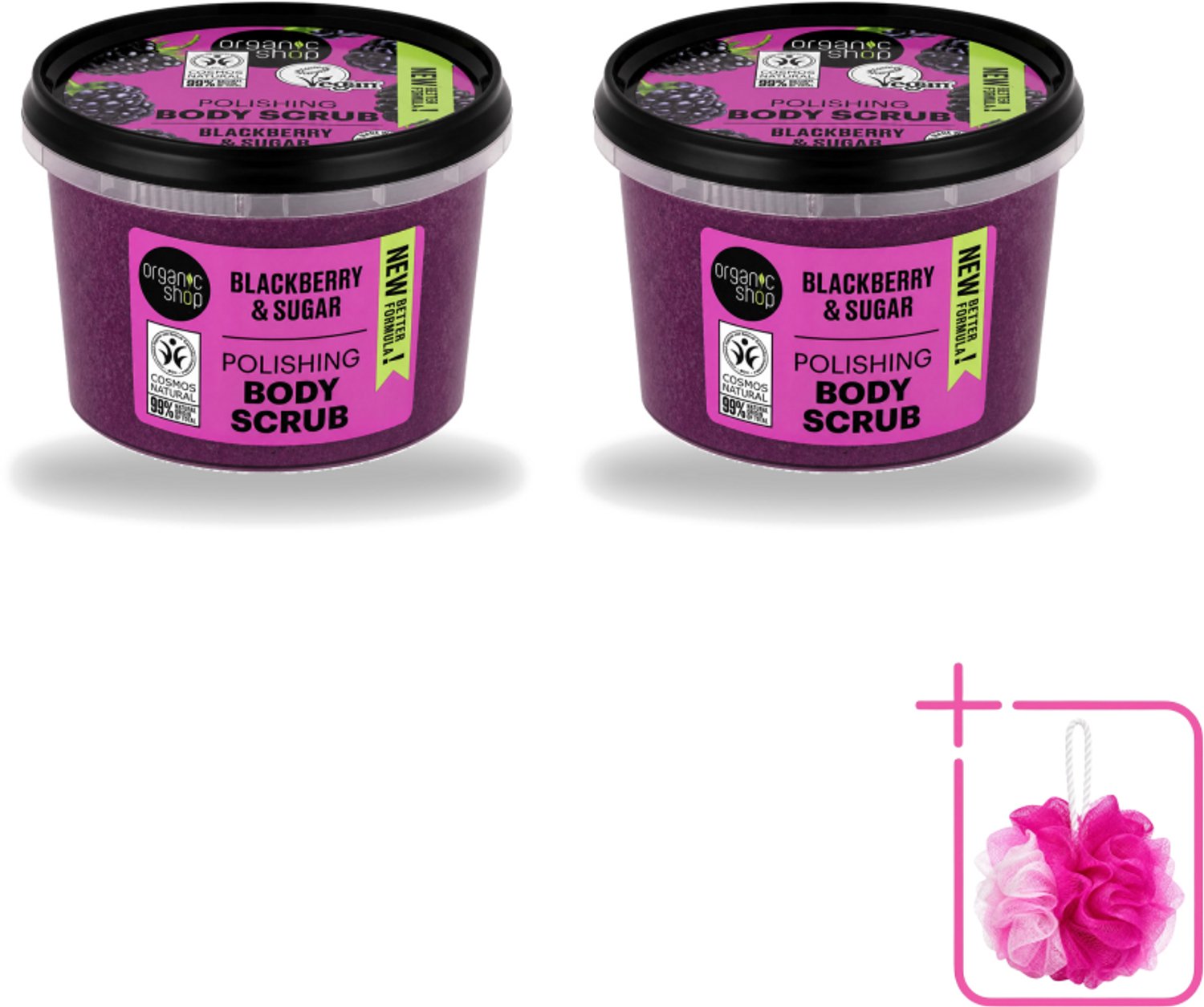 2 x Organic Shop - Body Scrub Blackberry - Verfrissend en Hydraterend - 250 ml - Bulkverpakking - Bodyscrub - Douchemop - Exfoliatie
