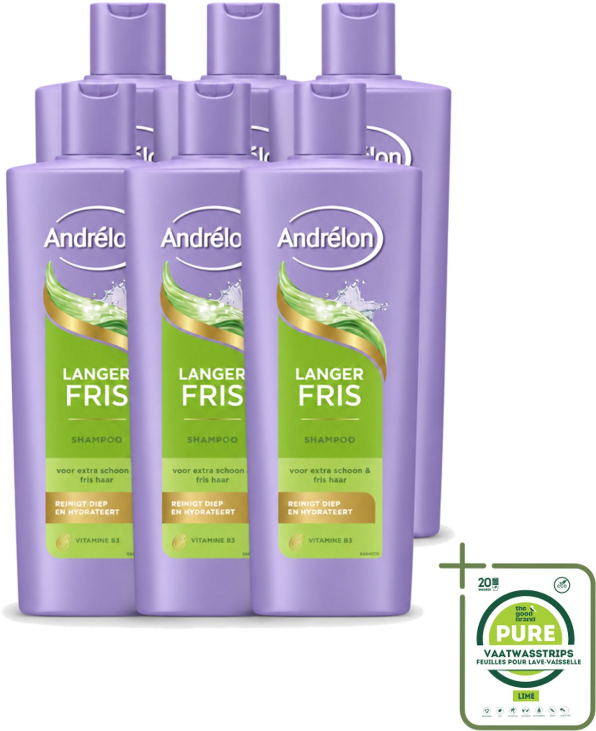 6 x Andrélon – Shampoo – Langer Fris – 400 ml - Grootverpakking - Vaatwasstrips - Luchtig Haar - Fris Haar - Vet Haar - Diepe Reiniging - Vitamine B3