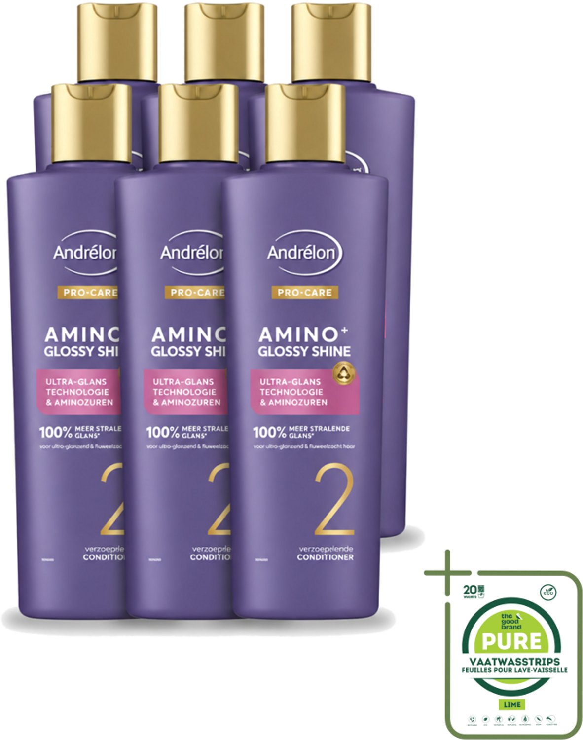 6 x Andrélon – Conditioner – Pro Care Amino+ Glossy Shine – 250 ml - Grootverpakking - Vaatwasstrips - Haar Glans - Aminozuren - Zijdezacht Haar - Spiegelachtige Glans - Zachter Haar