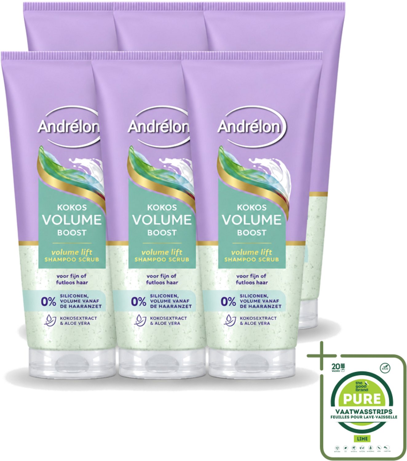 6 x Andrélon – Shampoo Scrub – Kokos Volume Boost – 200 ml - Grootverpakking - Vaatwasstrips - Haarkleur - Haartype - Haargewicht - Haartype - Haartype