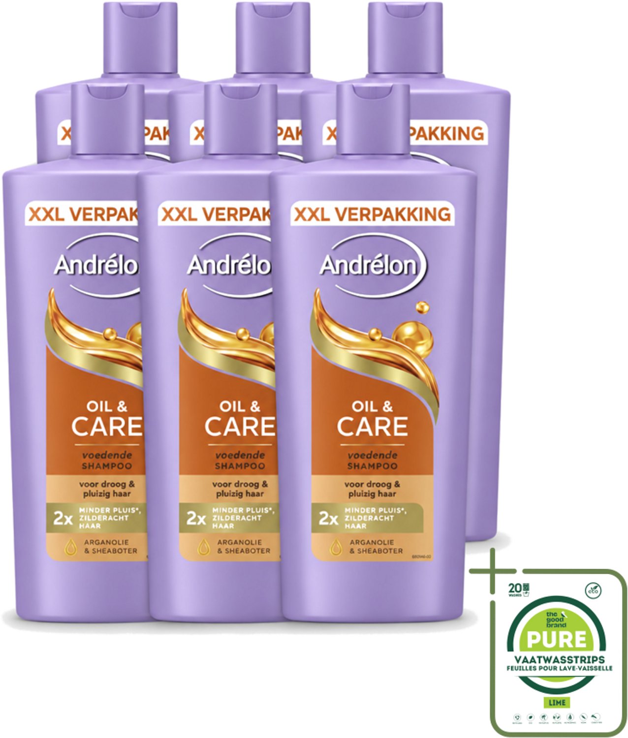 6 x Andrélon – Shampoo – Oil & Care – 685 ml - Grootverpakking - Vaatwasstrips - Haar Verzorging - Pluisvoorkomen - Arganolie Shampoo - Sheaboter - Droog Haar