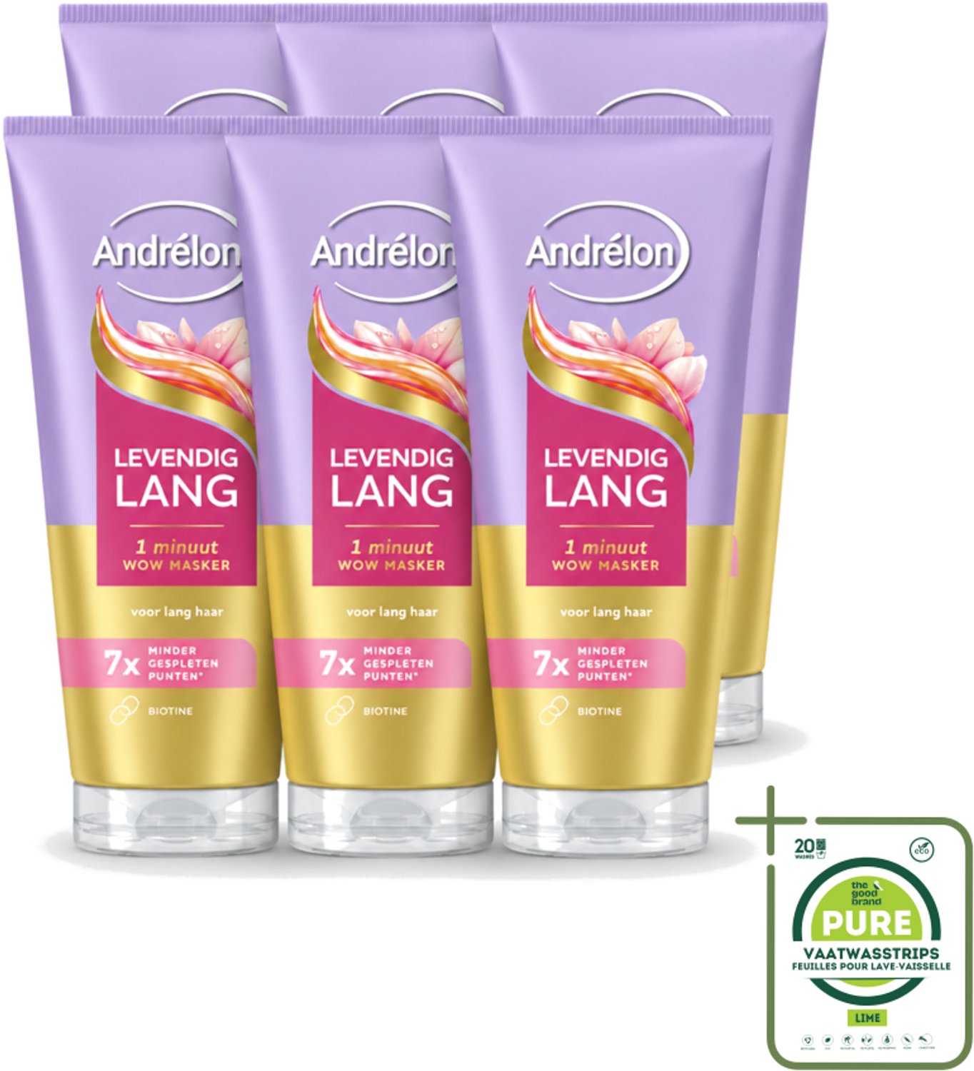 6 x Andrélon – Haarmasker WOW – Levendig Lang – 180 ml - Grootverpakking - Vaatwasstrips - Haarmasker - Lang Haar - Gespleten Punten - Haarversterking - Biotine