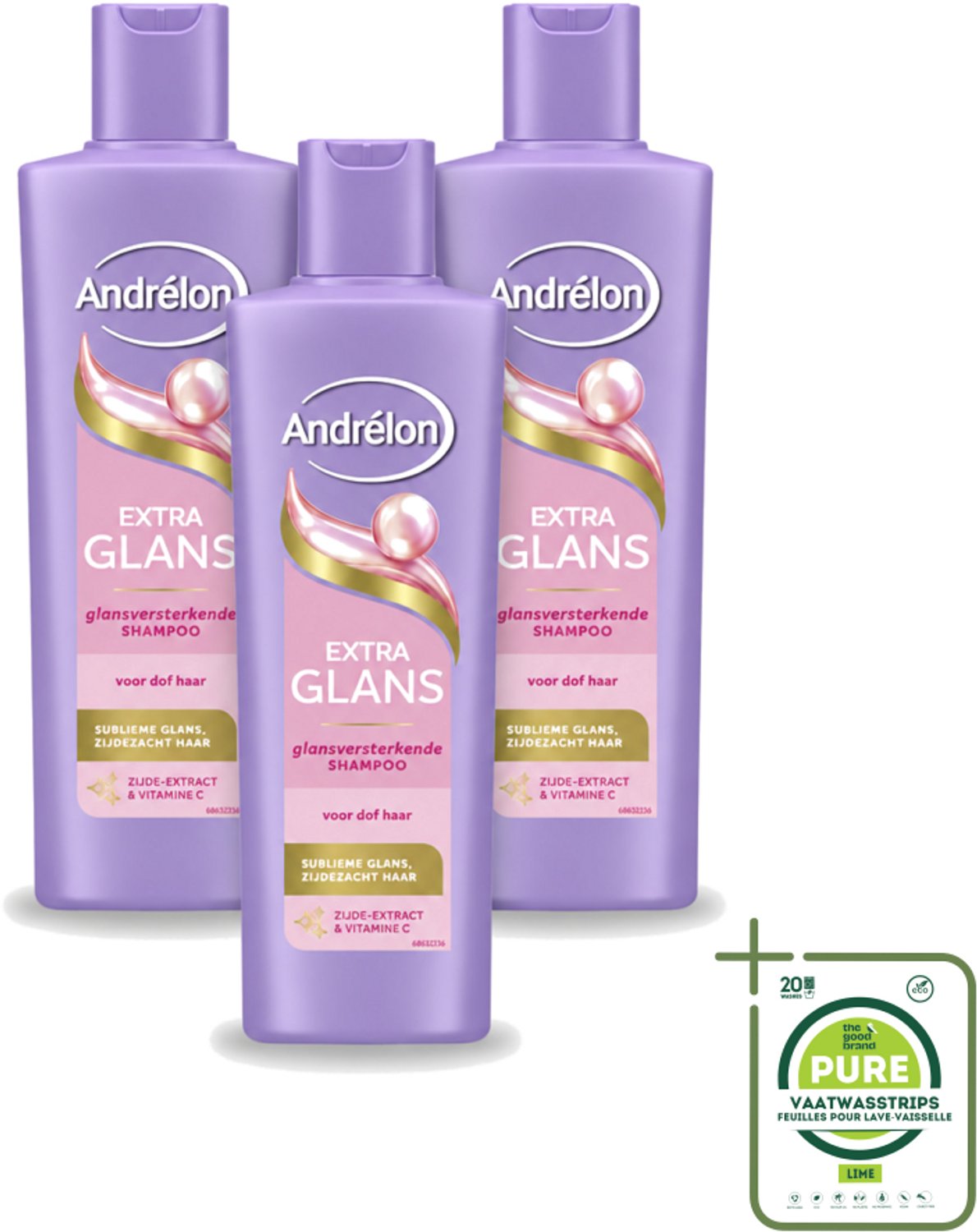 3 x Andrélon – Shampoo – Extra Glans – 250 ml - Grootverpakking - Vaatwasstrips - Glans Haar - Stralend Haar - Zacht Haar - Verzorgd Haar - Dof Haar