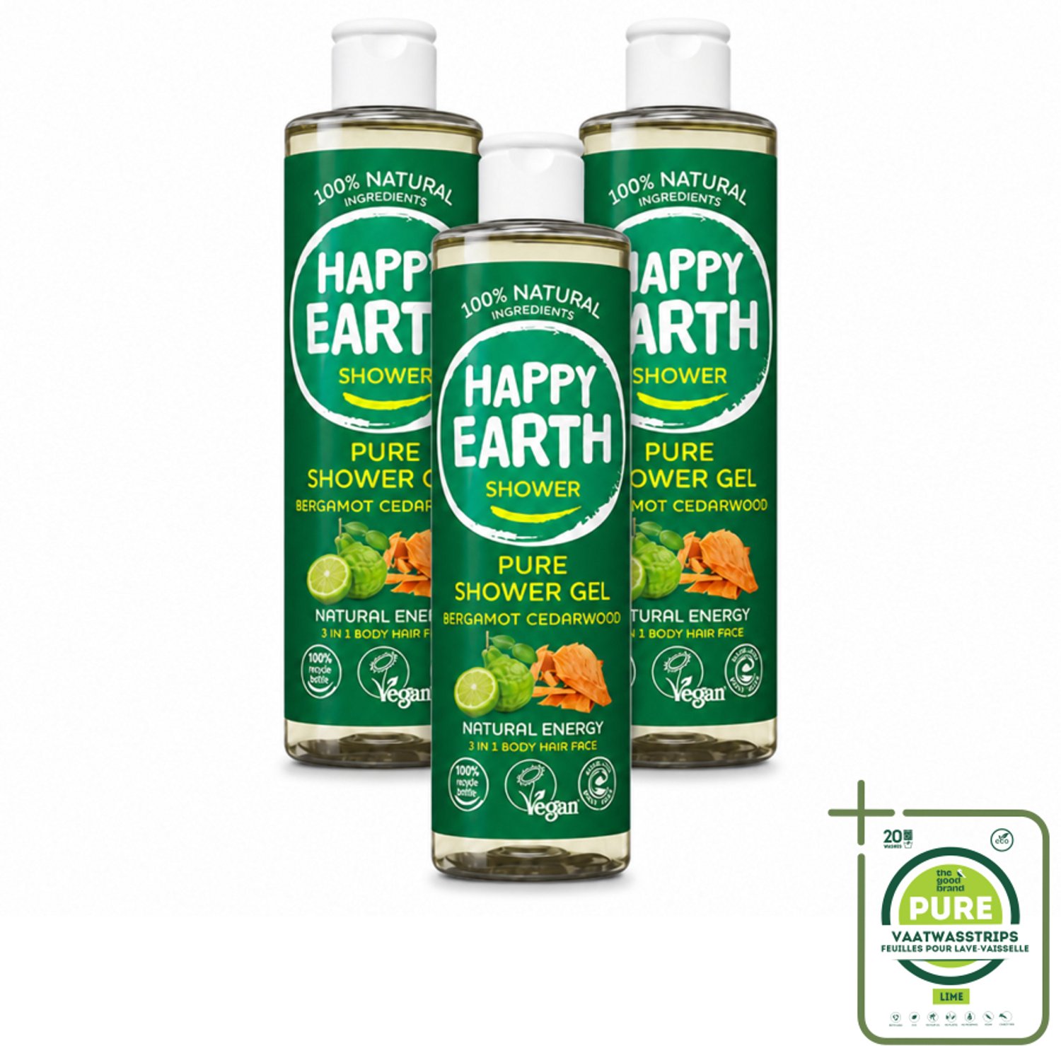 3 x Happy Earth – Douchegel – 100% Natuurlijk Bergamot Cedarwood – 300 ml - Grootverpakking - Vaatwasstrips - Douchegel Bergamot Cederhout - Natuurlijke Douchegel - Vegan Douchegel - Biologische Douchegel - Huidvriendelijke Douchegel