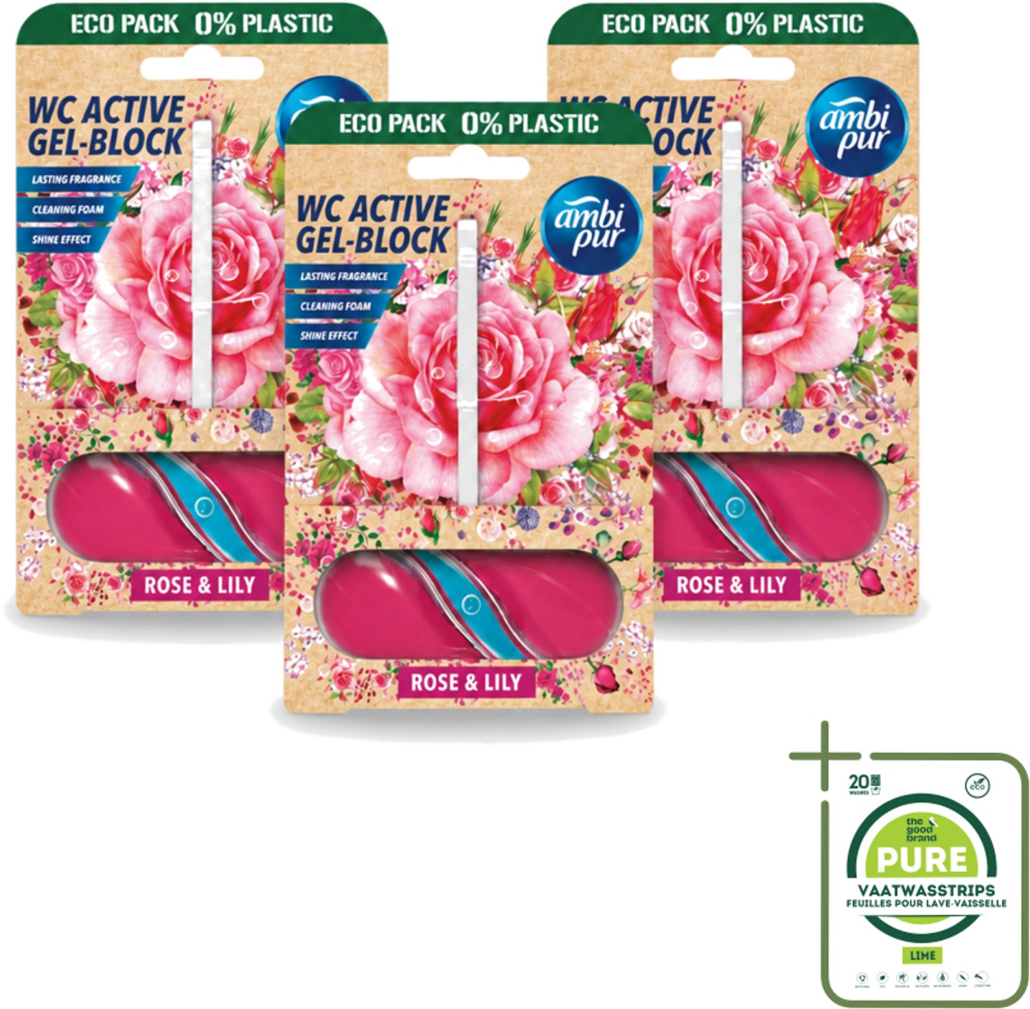 3 x Ambi Pur – Toiletblok – Roos & Lelie – 45 g - Grootverpakking - Vaatwasstrips - Toiletblok Roos En Lelie - Frisse Geur Toilet - Reinigend Toiletblok - Bloemige Geur Badkamer - Kalkaanslag Voorkomen