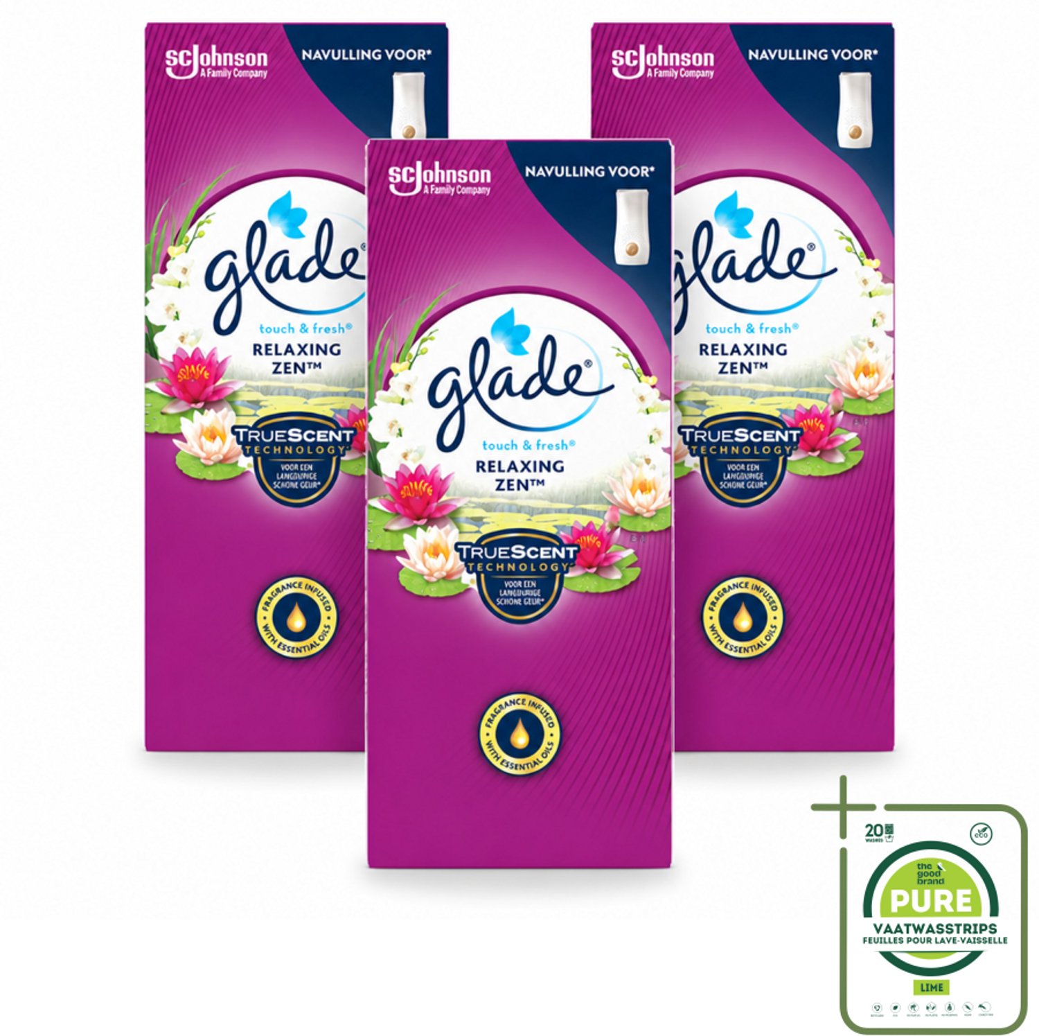 3 x Glade – Touch & Fresh Navulling – Relaxing Zen – 10 ml - Grootverpakking - Geurboost - Luchtverfrisser - Ontspannende Geur - Frisse Geur - Sandelhout