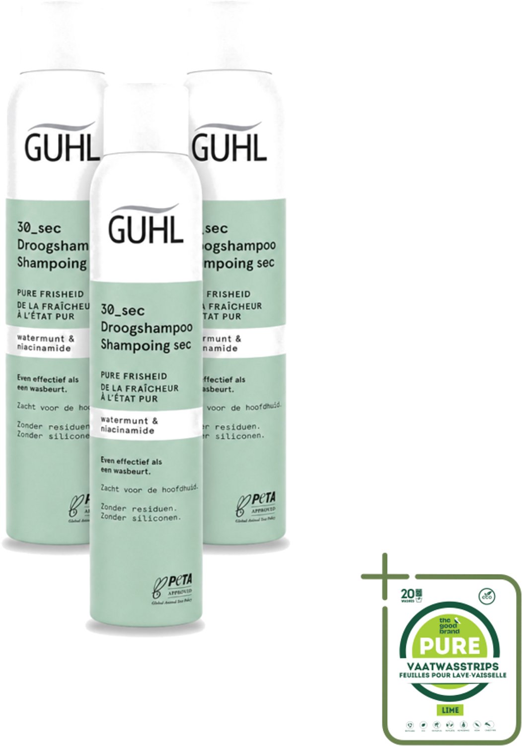 3 x Guhl – Droogshampoo – Pure Frisheid 30 sec – 200 ml - Grootverpakking - Vaatwasstrips - Droogshampoo - Fris Haar - Schoon Haar - Watermunt - Niacinamide