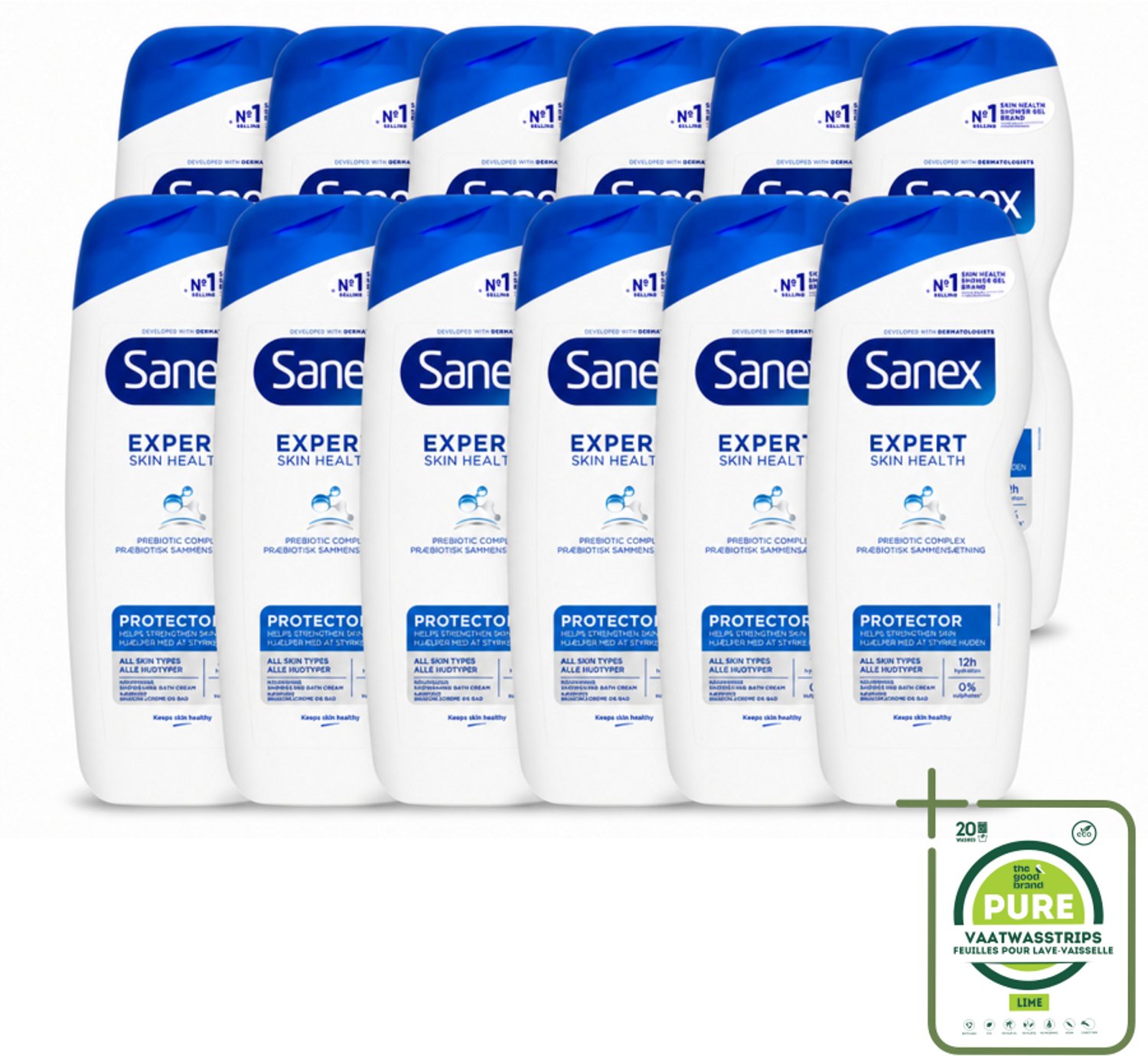 12 x Sanex – Douchegel – Expert Skin Health Protector – 600 ml - Grootverpakking - Vaatwasstrips - Huidversterkend - Huidbarrière - Hydratatie - Pre- En Postbiotica - Gezond Huidmicrobioom