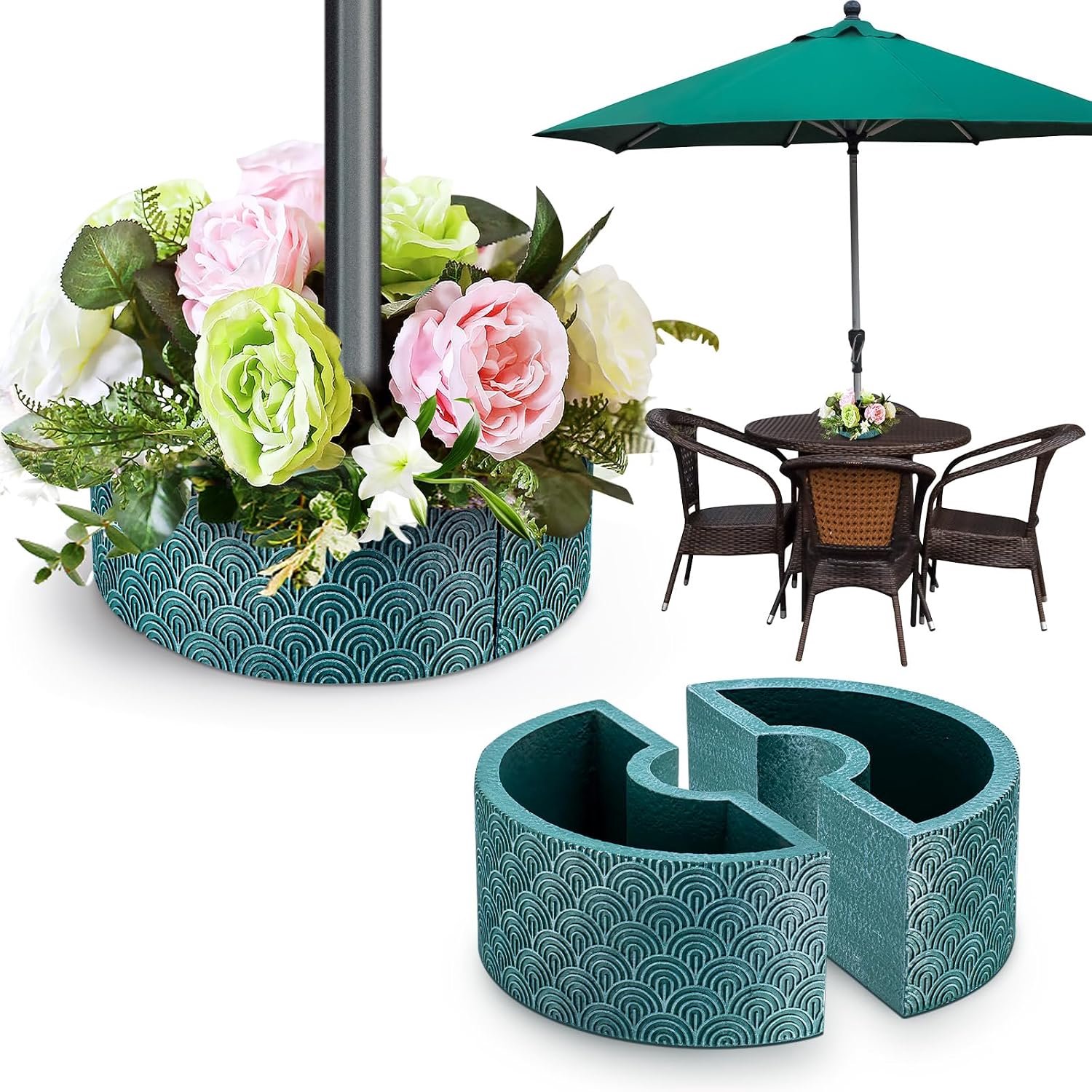 Jingmore Terrasplantenbak, 2 stuks staande plantenbakken van hars voor terrastafel, halfronde plantenbak met paraplugat, blauw, 30 x 30 x 12,5 cm