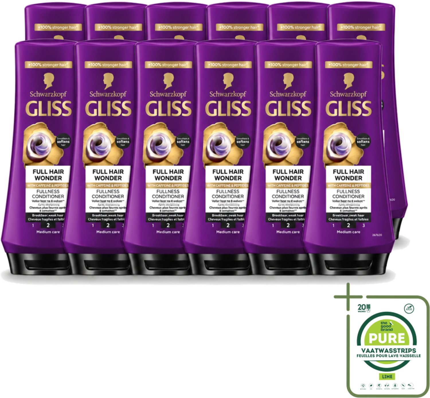 12 x Gliss Conditioner Full Hair Wonder - 200 ml - Grootverpakking - Vaatwasstrips - Haarversterking - Volume - Haarstructuur - Haarbreuk - Biotine