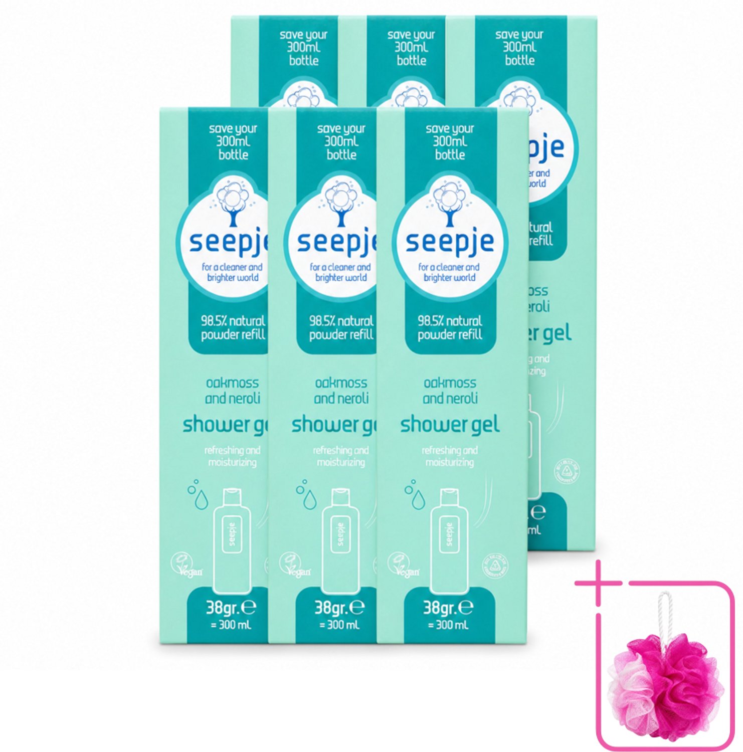 6 x Seepje - Douchegel - Duurzaam & Handig - Eikenmos en Neroli - Navulling - 38 gr - Bulkverpakking - Douchegel navulling - Douchemop - Eikenmos