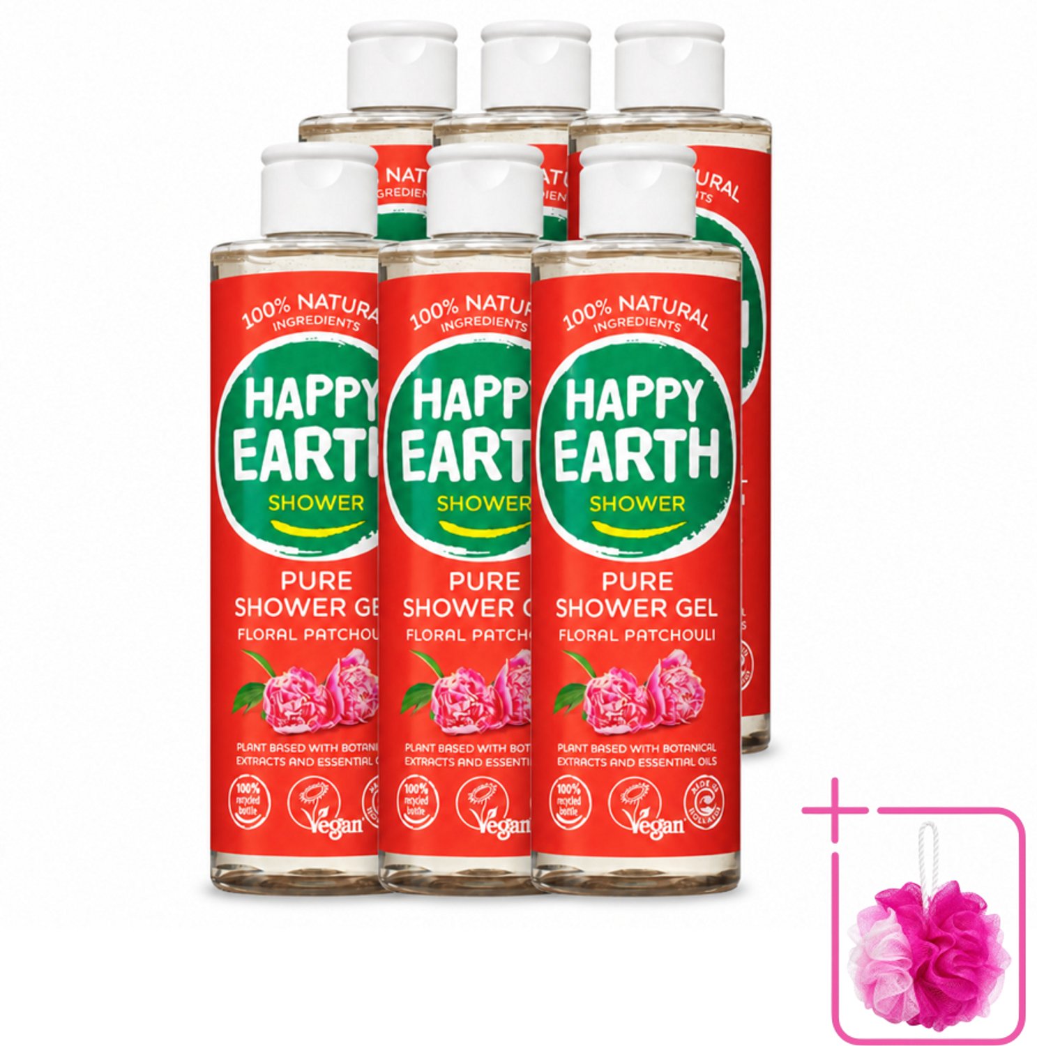 6 x Happy Earth – Douchegel – 100% Natuurlijk Floral Patchouli – 300 ml - Bulkverpakking - Douchegel - Douchemop - Natuurlijke douchegel