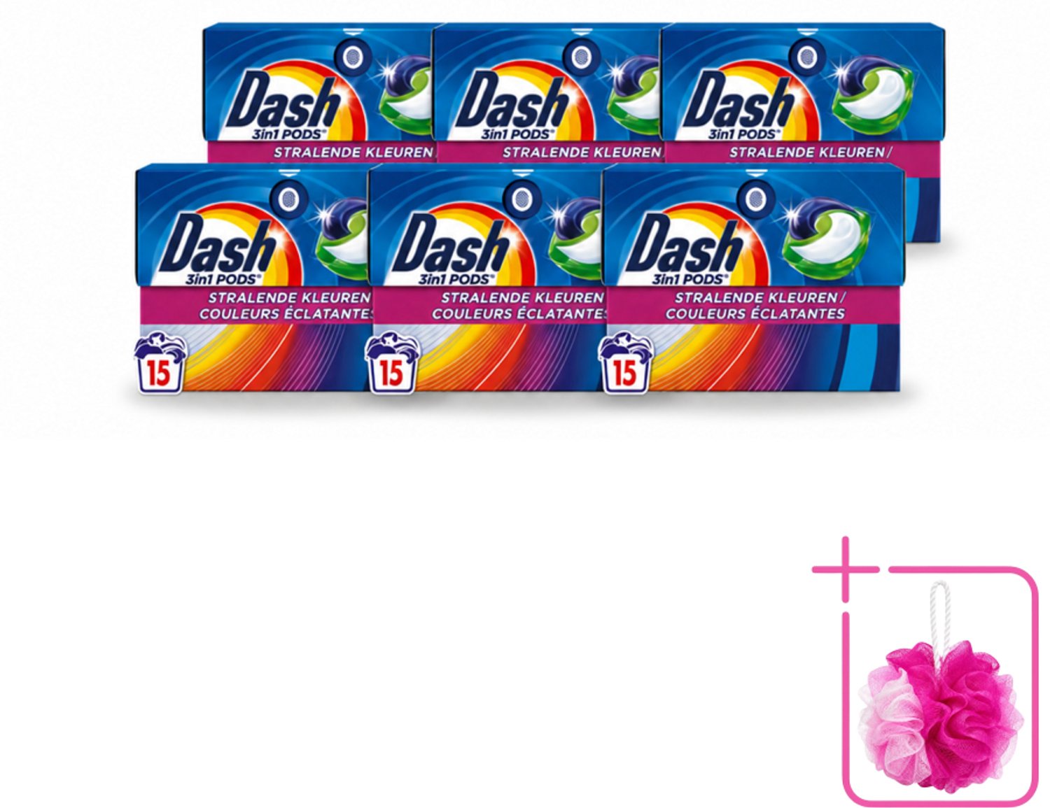 6 x Dash – Wasmiddelcapsules – 3in1 Pods Stralende Kleuren – 15 capsules - Bulkverpakking - Wasmiddel - Douchemop - Kleuren behouden
