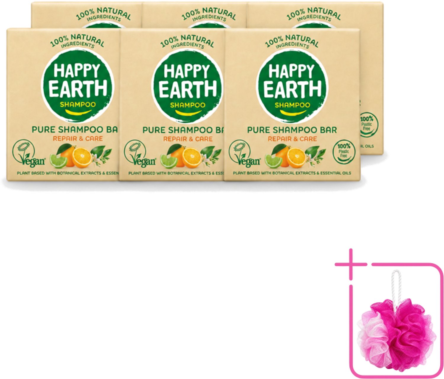 6 x Happy Earth – Shampoo Bar – 100% Natuurlijk Repair & Care – 70 g - Bulkverpakking - Shampoo bar - Douchemop - Droog haar