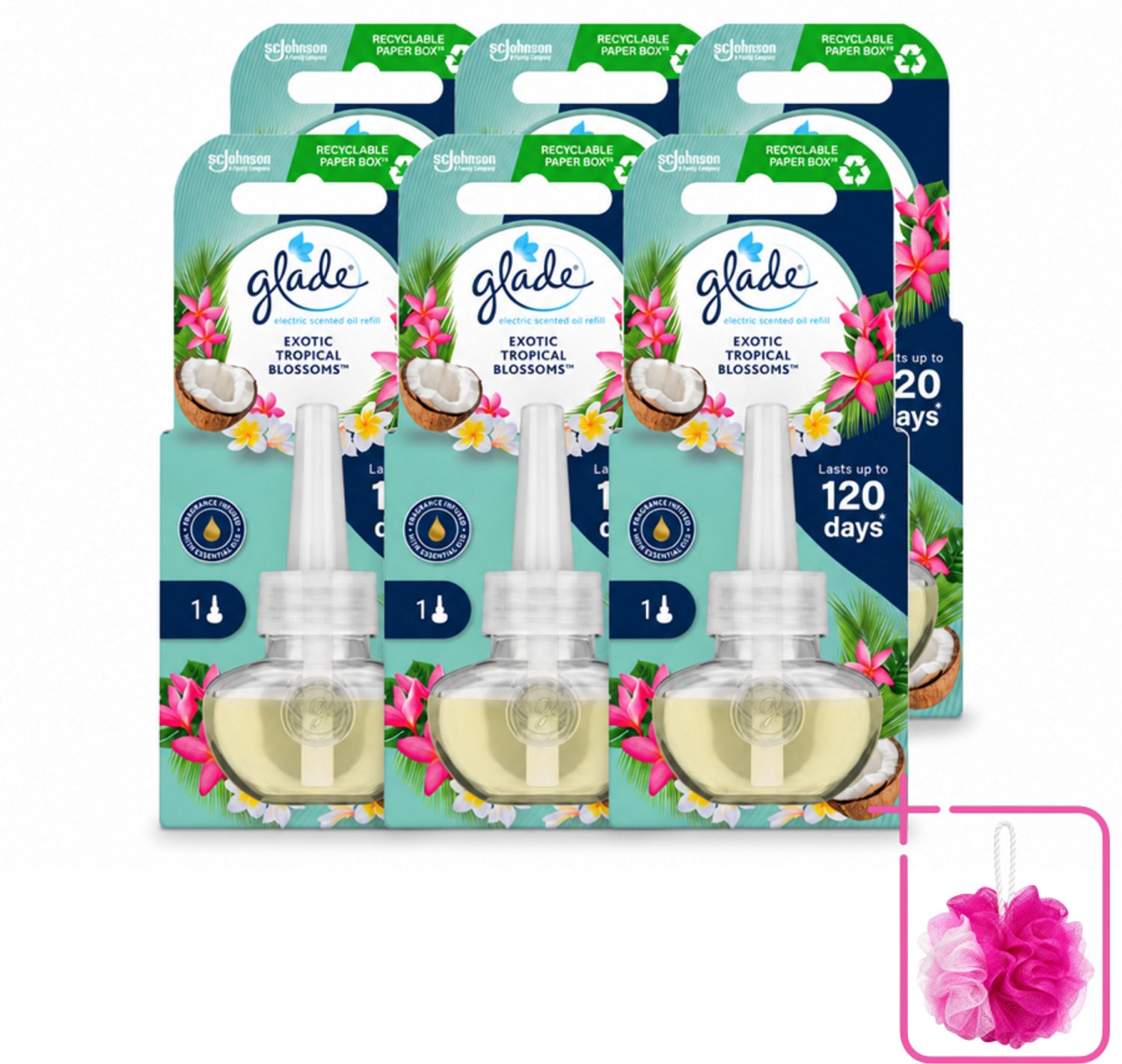 6 x Glade - Navulling Elektrische Olie - Exotic Tropical Blossoms - Zonder Houder - Bulkverpakking - Tropische geur - Douchemop - Monoi olie