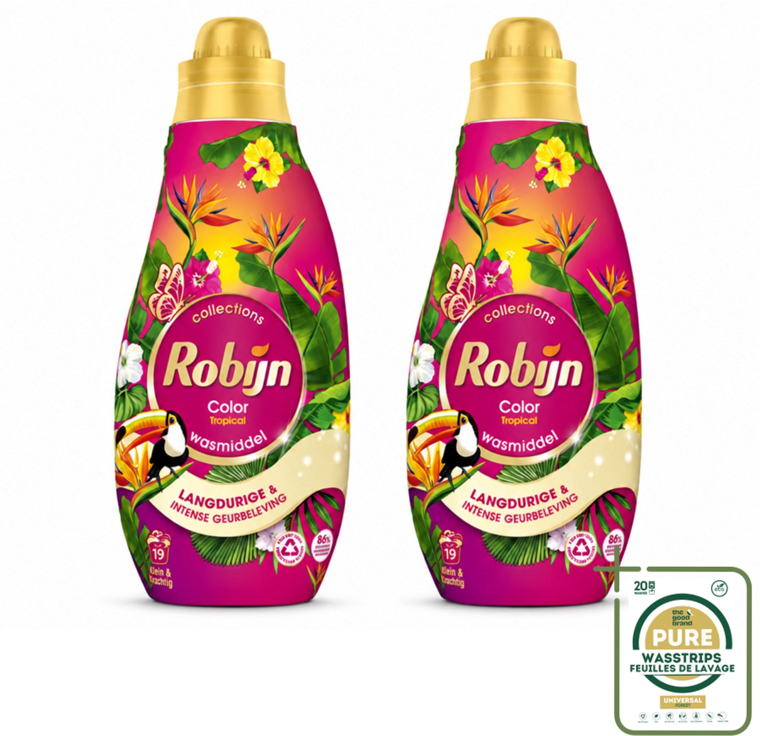 2 x Robijn - Klein & Krachtig Color Tropical - Wasmiddel - 19 Wasbeurten - 665 ml - Wasstrips - Kleurbehoud - Tropische Geur - Wasmiddel Voor Gekleurde Was - Vloeibaar Wasmiddel - Wasmiddel 665 Ml