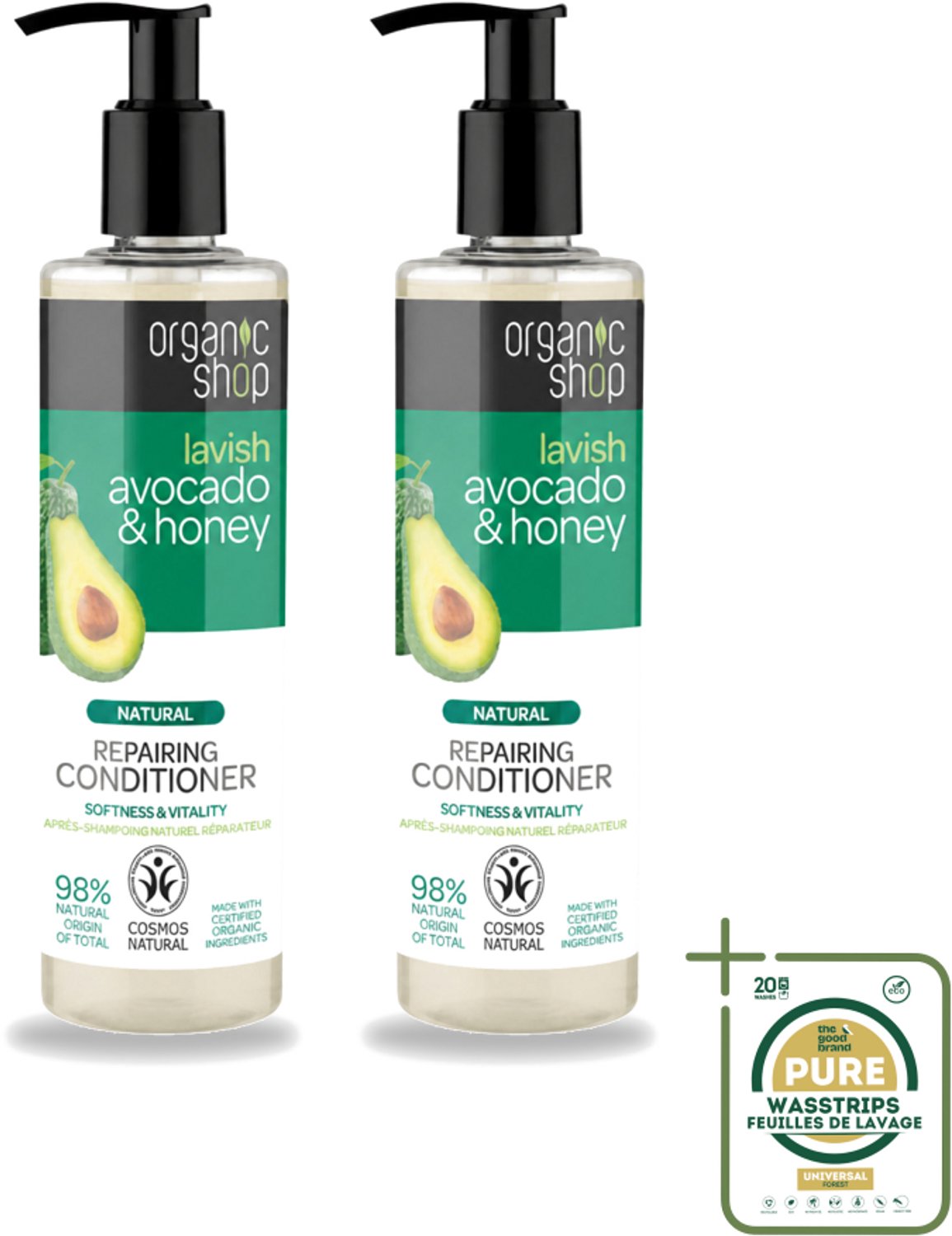 2 x Organic Shop - Natural Repairing Conditioner - Avocado & Honey - 280 ml - Wasstrips - Herstel Haar - Voeding Haar - Beschadigd Haar - Natuurlijke Conditioner - Avocado En Honing