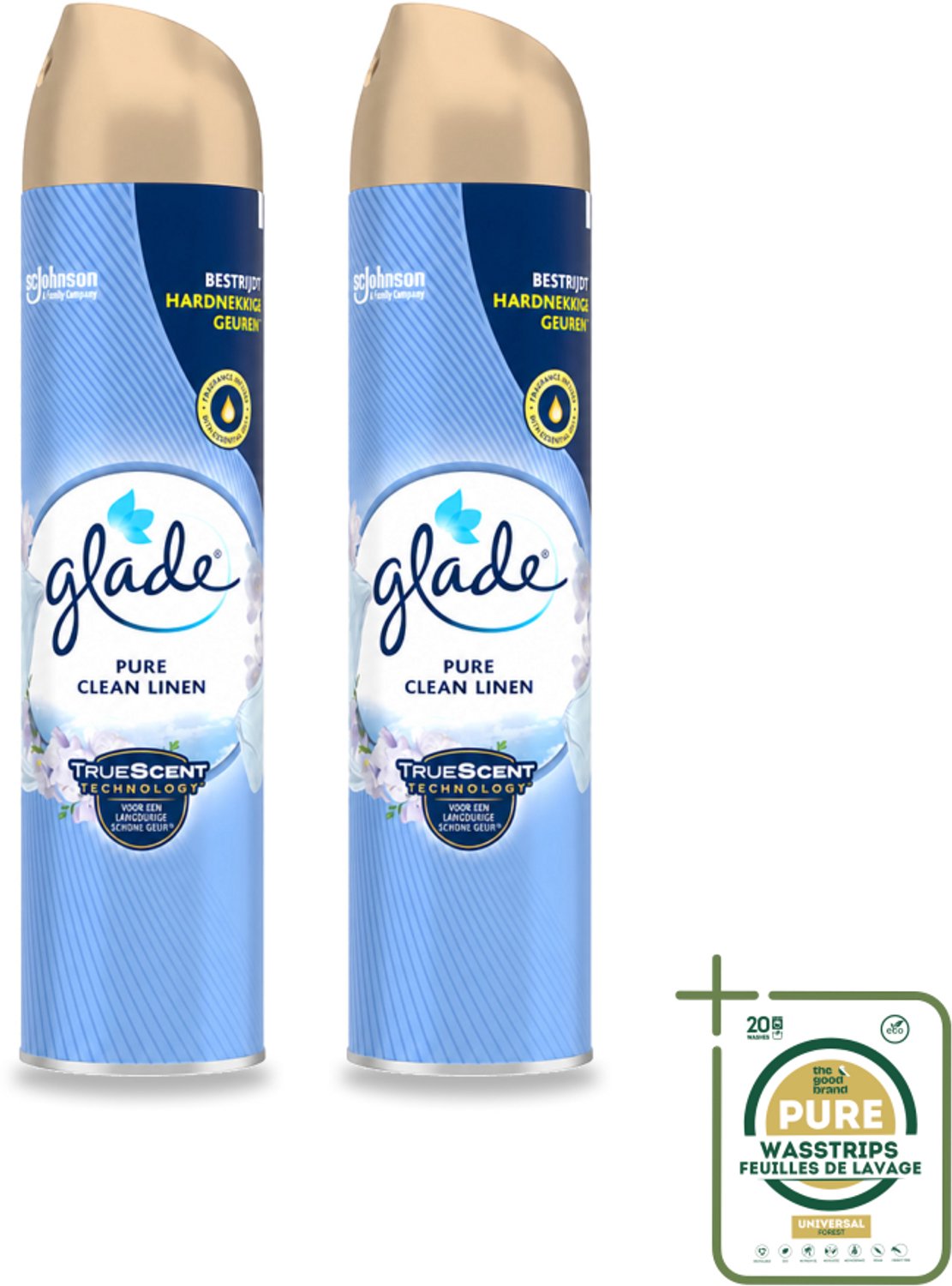 2 x Glade – Luchtverfrisser Spray – Pure Clean Linen – 300 ml - Wasstrips - Luchtverfrisser - Frisse Geur - Luchtverfrisser Spray - Geur Tegen Geurtjes - Luchtverfrisser Linnen