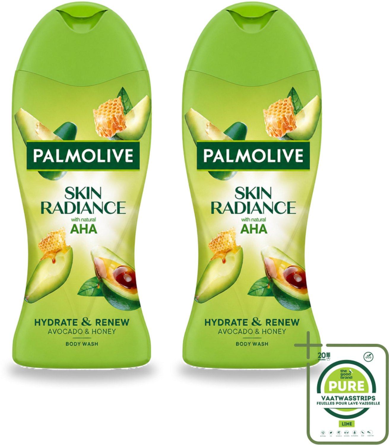 2 x Palmolive – Douchegel – Skin Radiance Avocado Honey – 250 ml - Grootverpakking - Vaatwasstrips - Douchegel - Exfoliatie - Huidverzorging - Stralende Huid - Avocado