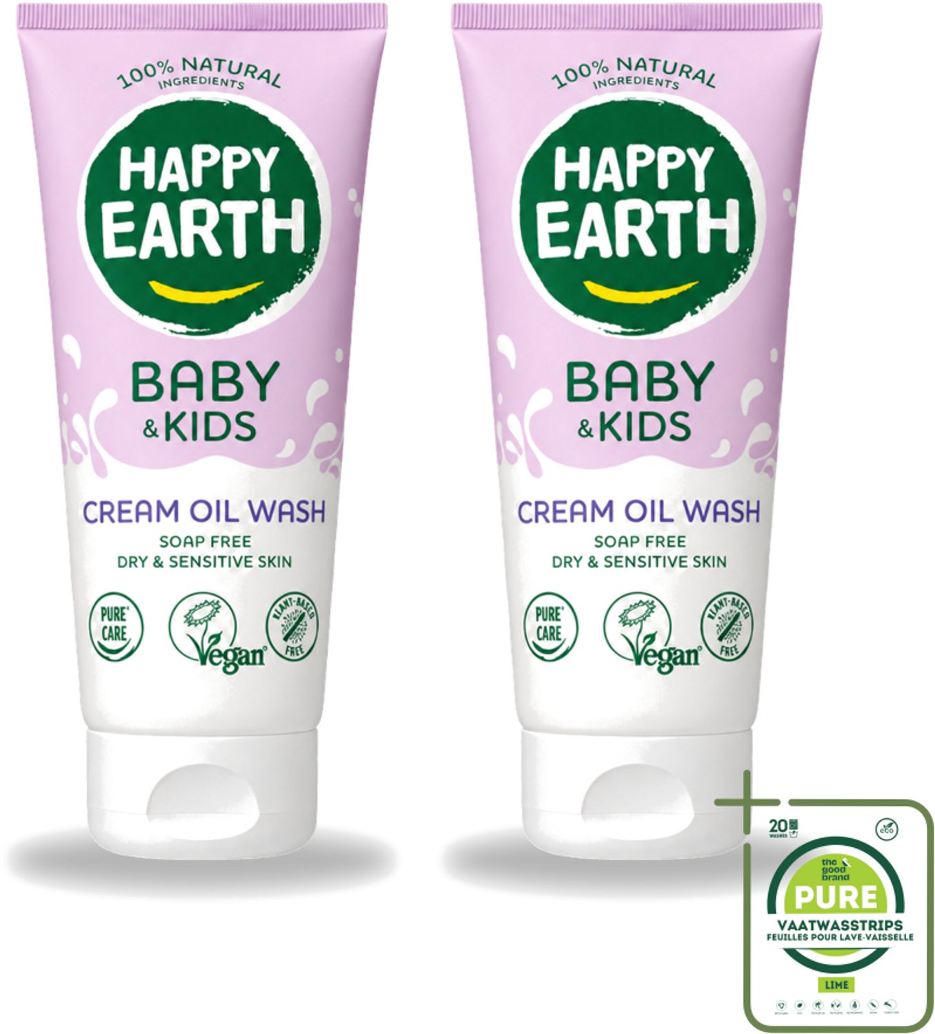 2 x Happy Earth – Cream Oil Wash – 100% Natuurlijk Baby & Kids – 200 ml - Grootverpakking - Vaatwasstrips - Babyolie - Gezichtsolie - Lichaamsoil - Natuurlijke Babyolie - Gezicht En Lichaam Verzorging