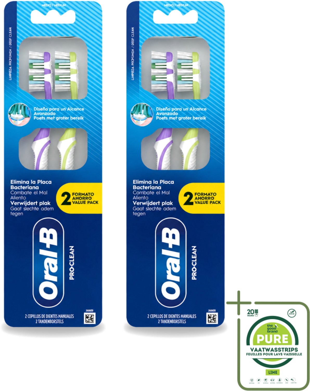 2 x Oral-B - Pro-Clean – Tandenborstel – Manueel – 2-pack - Grootverpakking - Handtandenborstel - Tandenborstel - Tandenborstel Voor Interdentale Ruimtes - Tandenborstel Met Polijstcup - Tandenborstel Met Tongreiniger