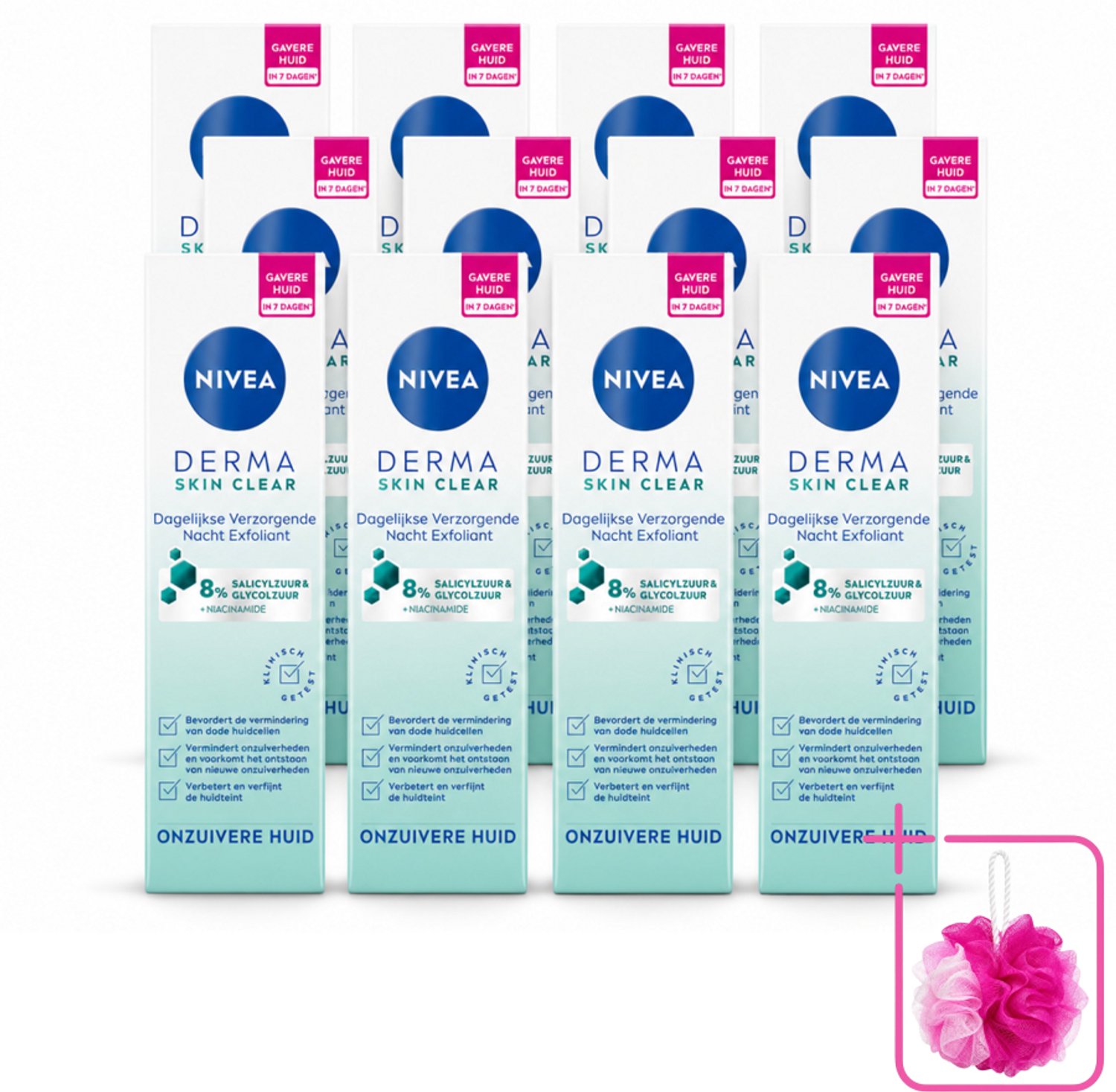 12 x NIVEA - Nacht Exfoliant - DERMA Huidzuiver Dagelijkse Verzorging - Met Salicylzuur (AHA), Glycolzuur & Niacinamide - Tegen Acne & Mee-eters - 40 ml - Bulkverpakking - Nacht exfoliant - Douchemop - Huid reinigen