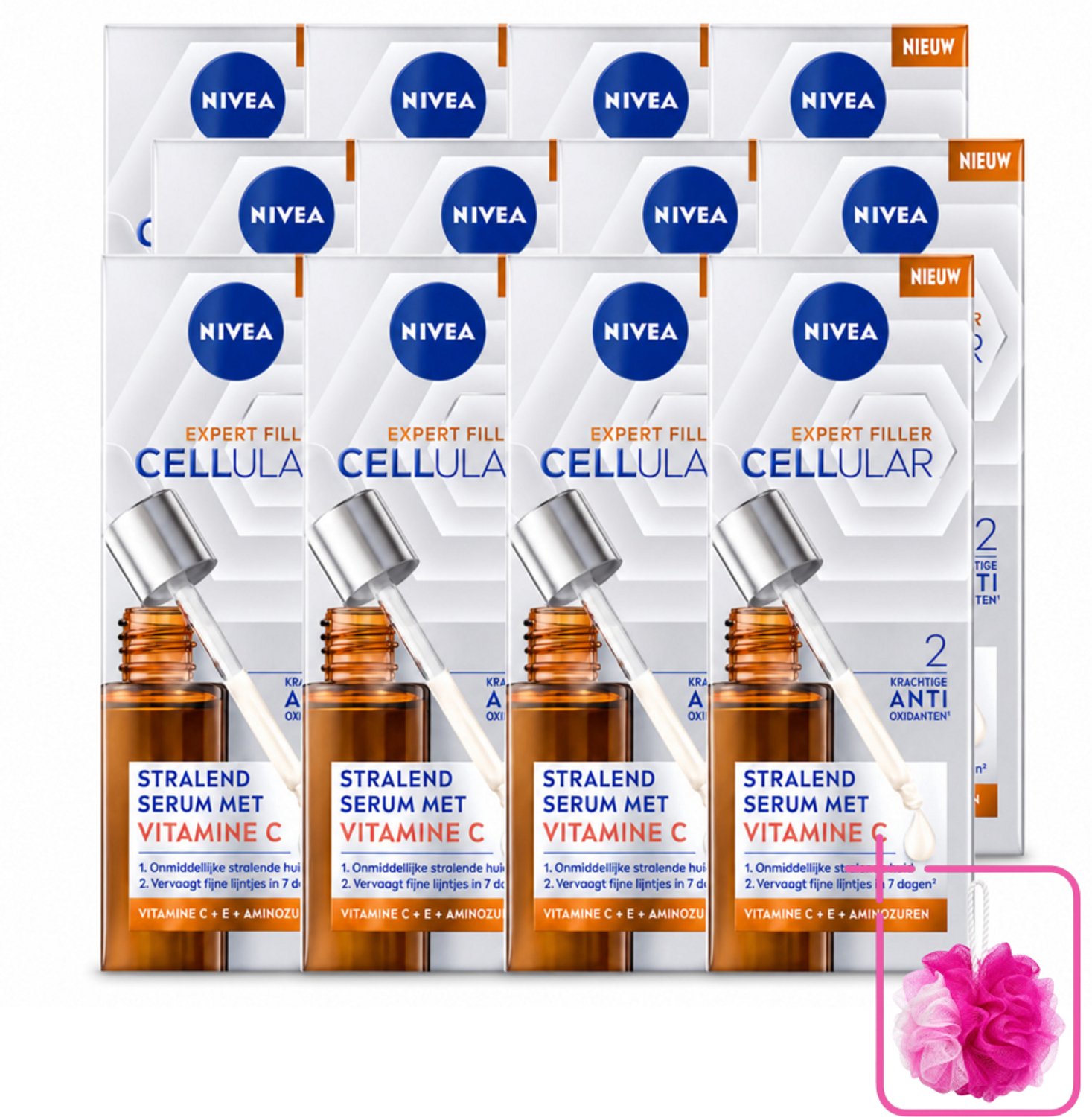 12 x Nivea - Cellular - Expert Filler Vitamine C Serum - Voor Stralende Huid - 30 ml - Bulkverpakking - Huidverzorging - Douchemop - Anti-aging serum
