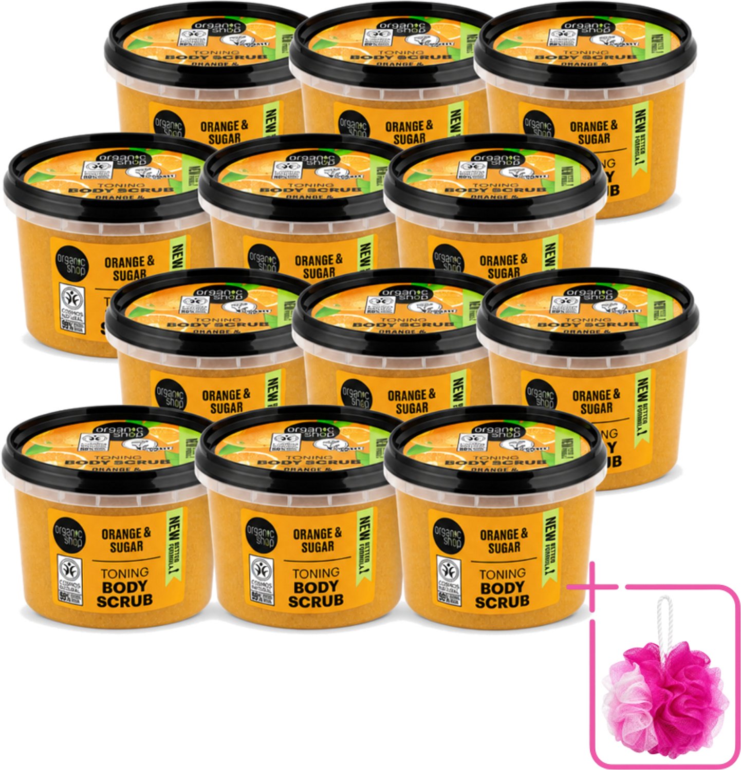 12 x Organic Shop - Body Scrub Orange - Verzorgend en Geurend - 250 ml - Bulkverpakking - Bodyscrub - Douchemop - Huidverzorging