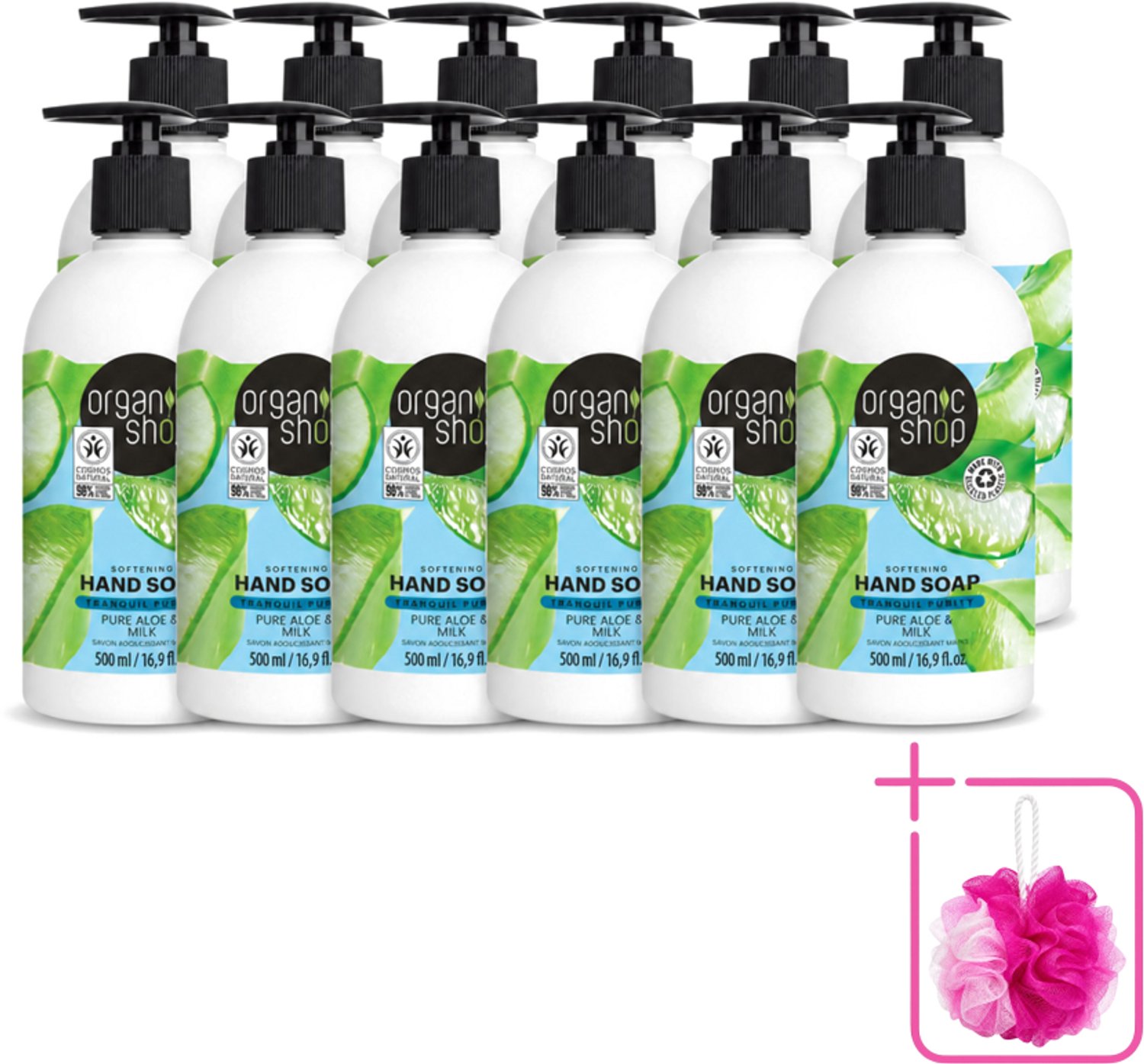 12 x Organic Shop - Handzeep Aloe & Milk - Verzachtend en Hydraterend - 500 ml - Bulkverpakking - Handzeep - Douchemop - Natuurlijke handzeep