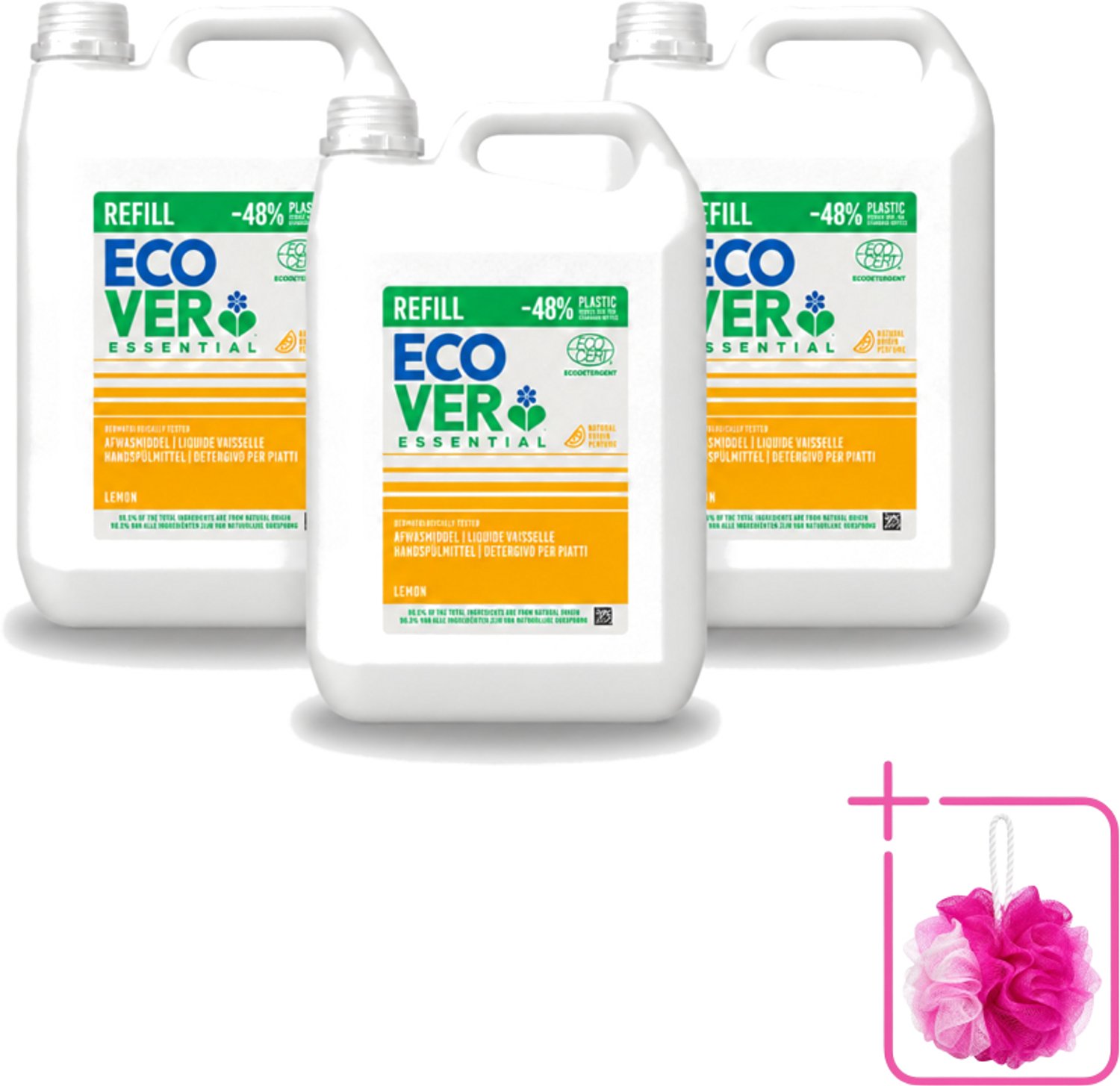 3 x Ecover - Afwasmiddel - Essential Citroen - 5 liter - Bulkverpakking - Afwasmiddel citroen - Douchemop - Natuurlijk afwasmiddel