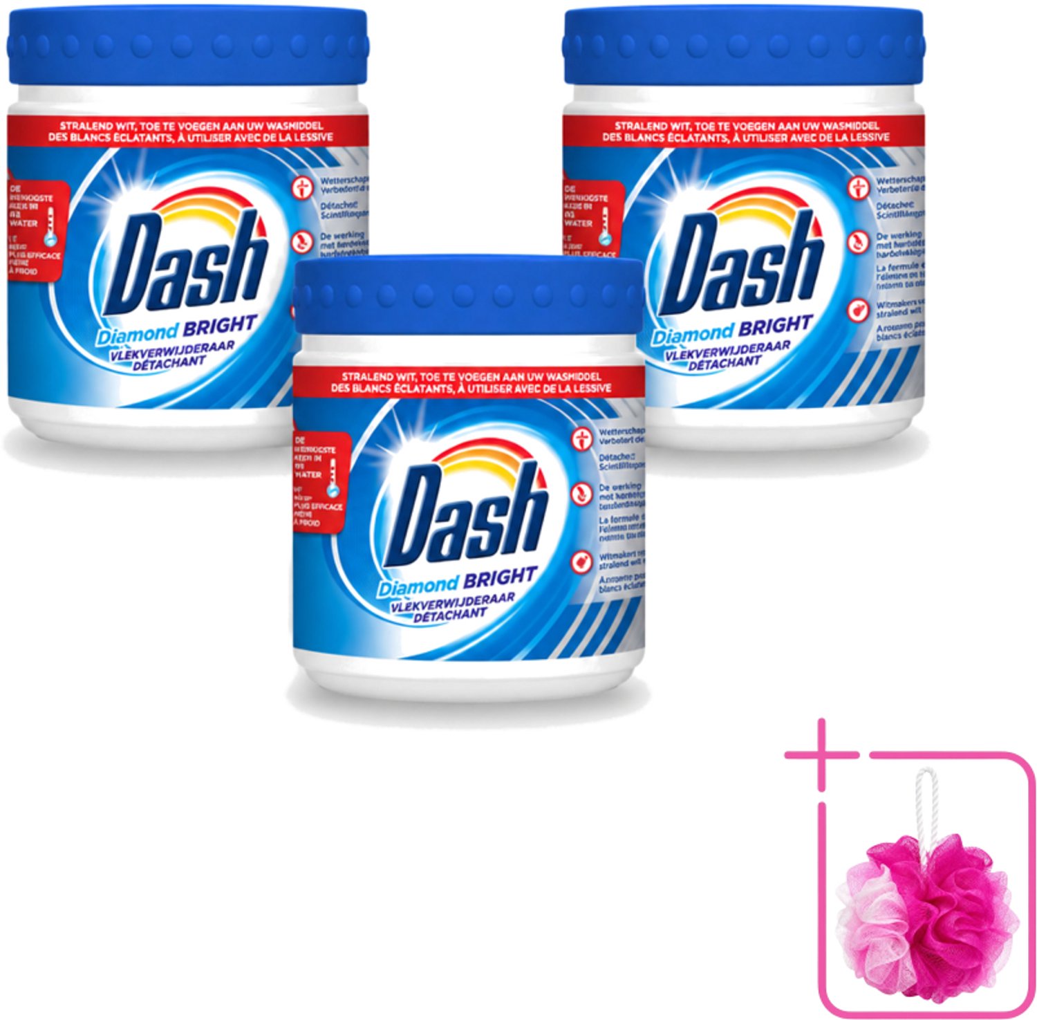 3 x Dash - Diamond Bright - Vlekverwijderaar Poeder - Voor Witte Was - 500 g - Bulkverpakking - Vlekverwijderaar - Douchemop - Witte was