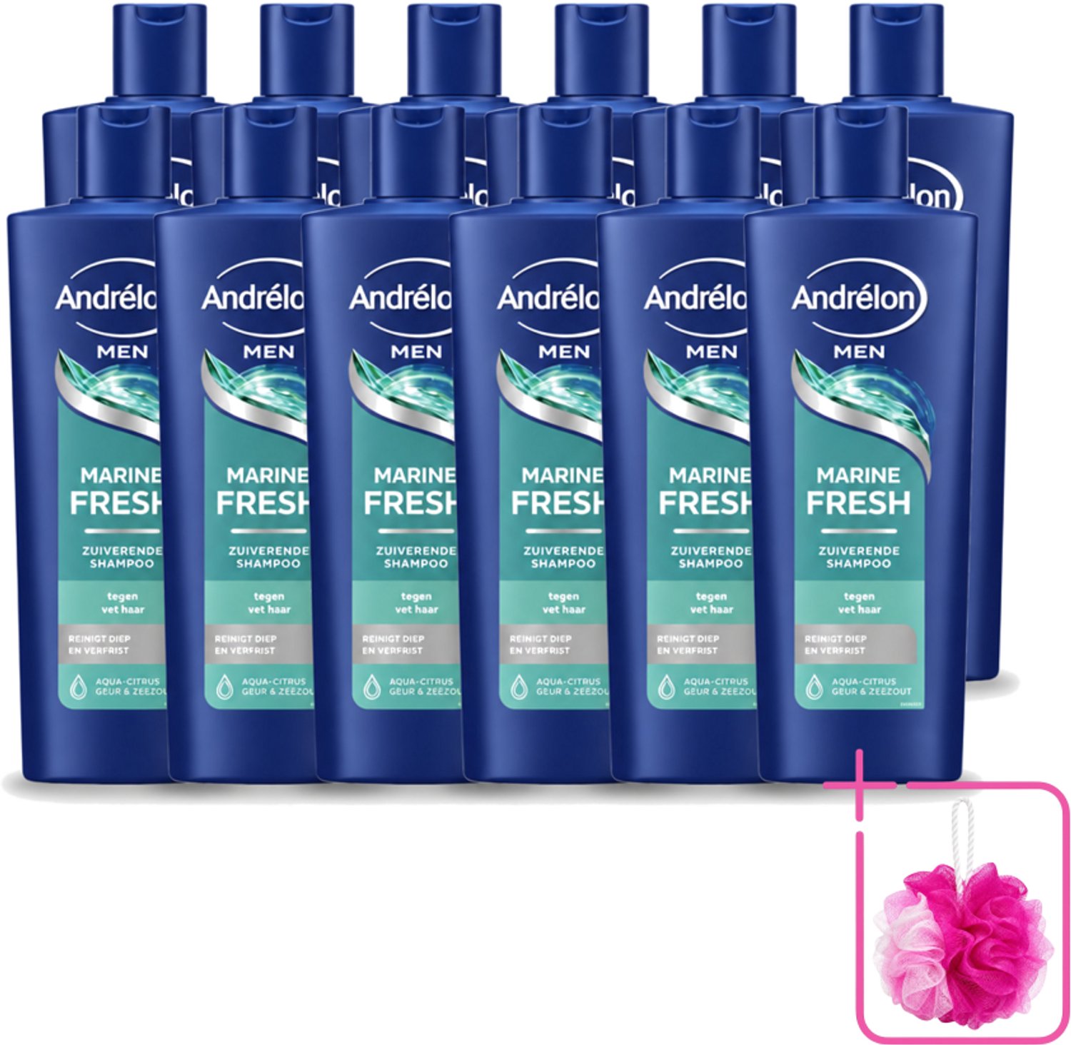 12 x Andrélon – Shampoo – Marine Fresh Men – 400 ml - Bulkverpakking - Mannelijk haar reinigen - Douchemop - Vet haar verwijderen