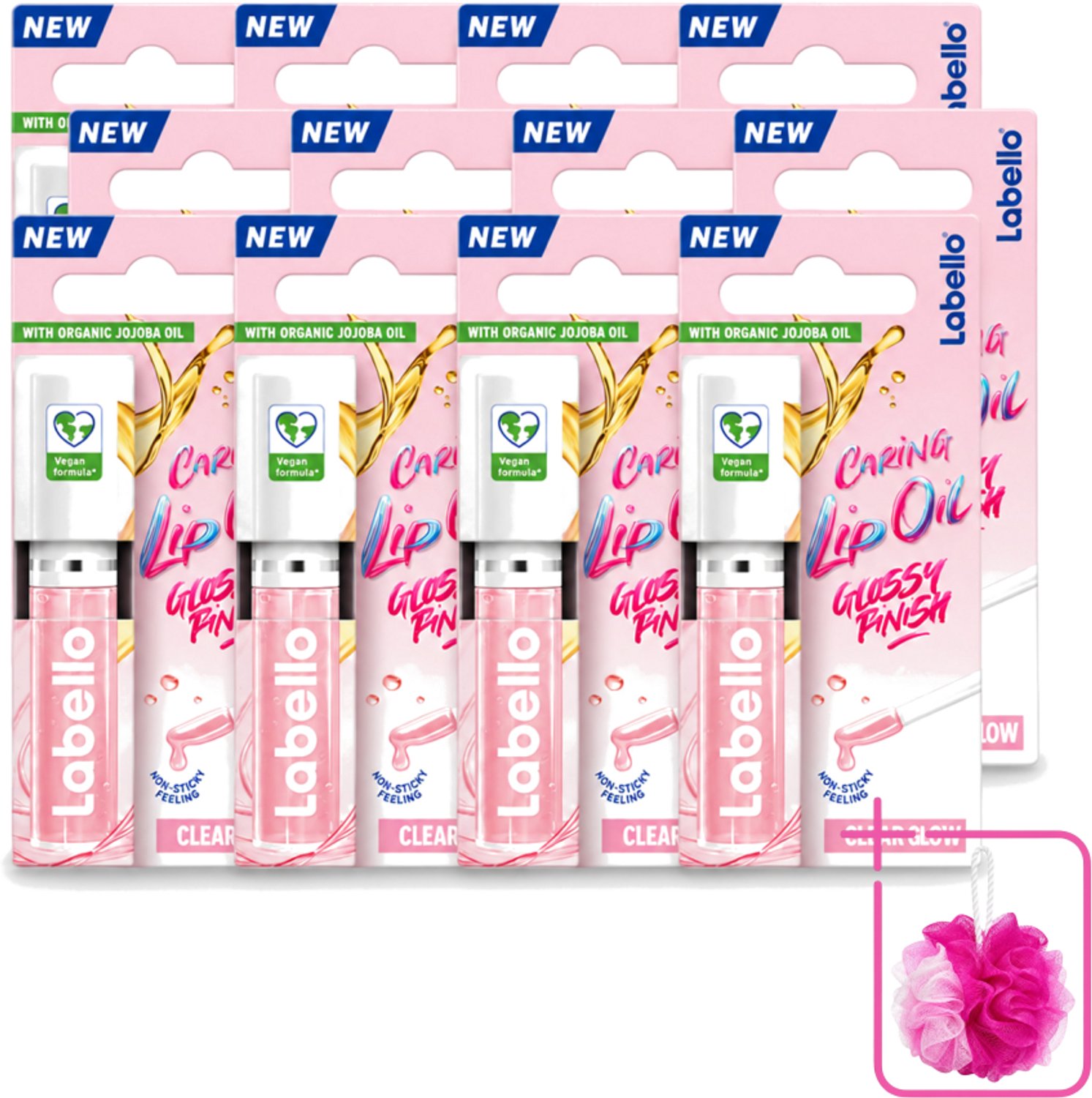 12 x Labello –Caring Lip Oil – Clear Glow – 5,5 ml - Bulkverpakking - Lippenbalsem - Douchemop - Lipolie