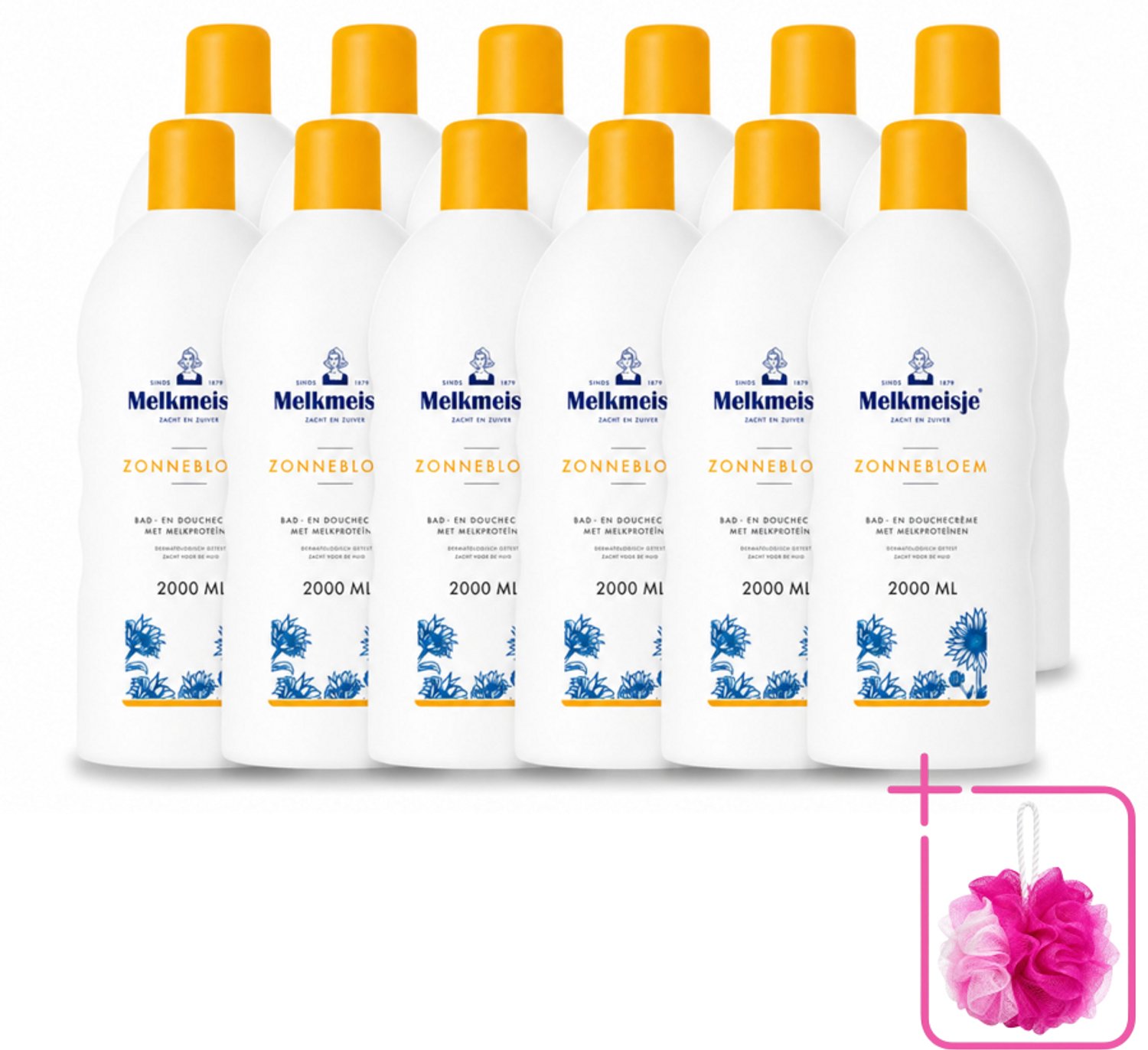12 x Melkmeisje – Bad & Douchecrème – Zonnebloem – 2000 ml - Bulkverpakking - Bad en douche crème - Douchemop - Zonnebloem en melk